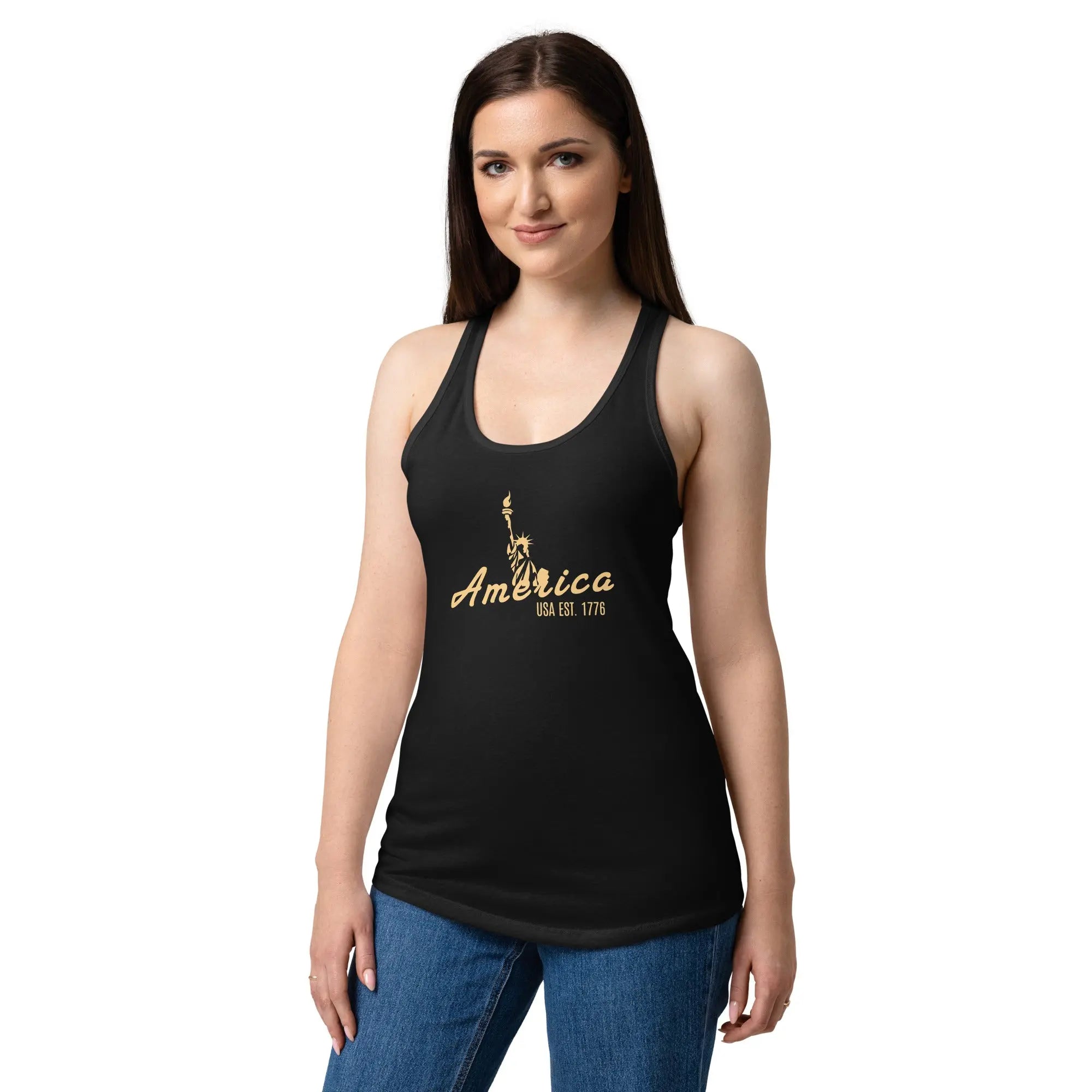A woman wearing a black patriotic tank top with the Statue of Liberty and the text "America" in gold.