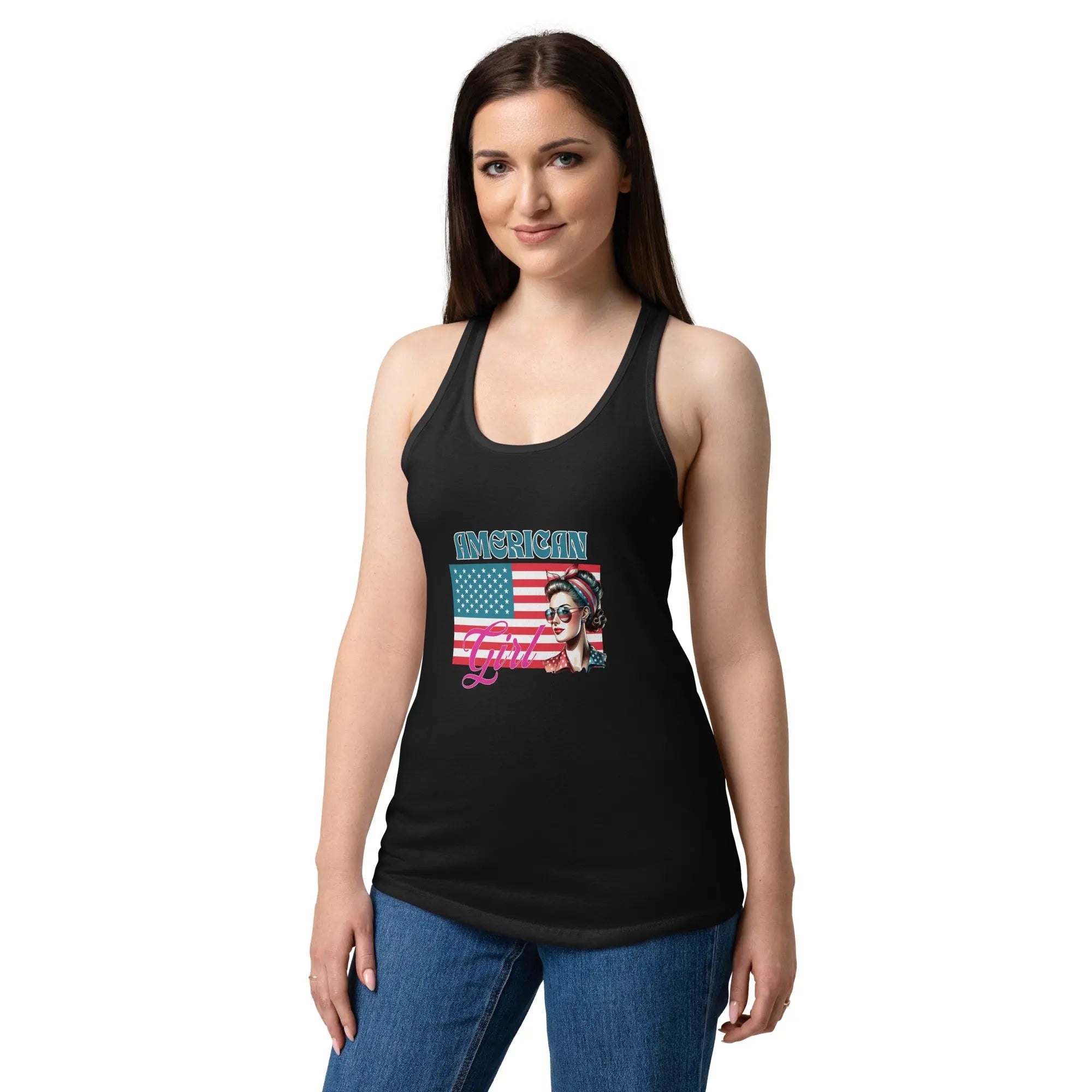 A woman wearing a black patriotic tank top with a women's head over the flag and the text "American Girl" 