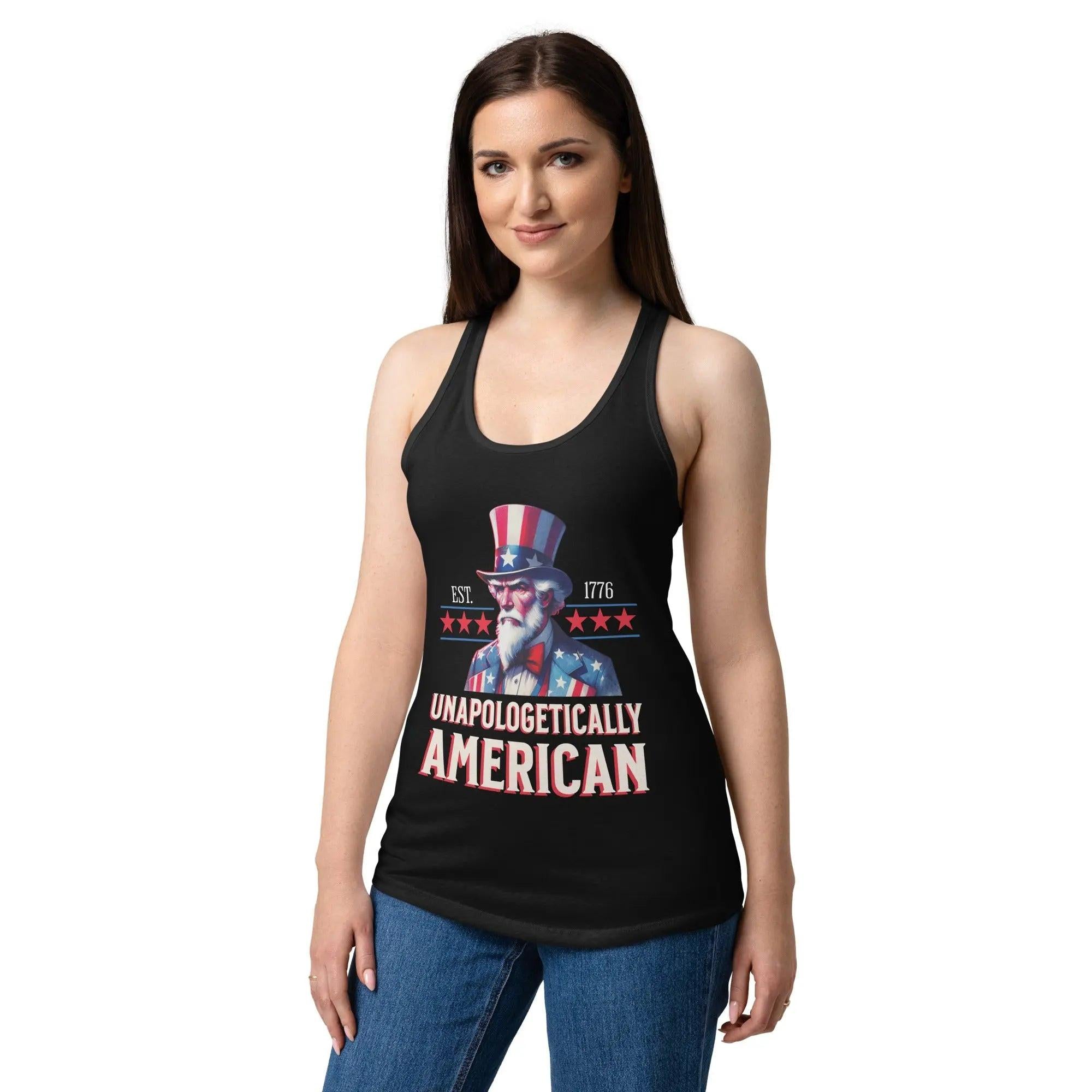 A woman wearing a black patriotic tank top with Uncle Sam and the text "Unapologetically American."