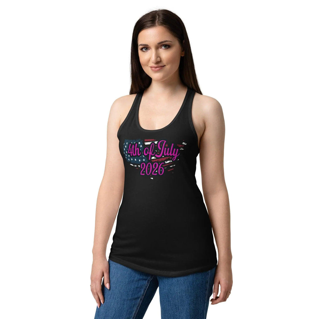 A woman wearing a black patriotic tank top with the American flag in the shape of America with the text '4th of July 2026' 