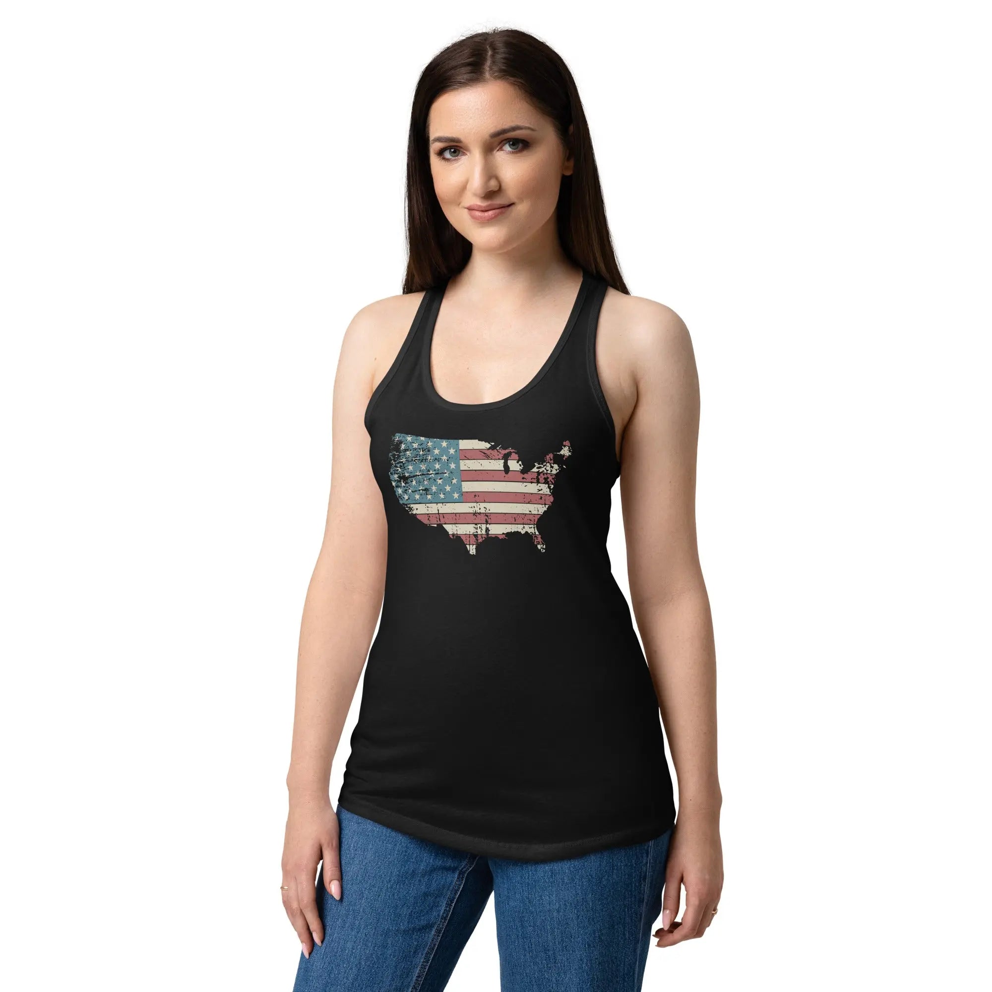 A woman wearing a black patriotic tank top with the American flag in the shape of America.