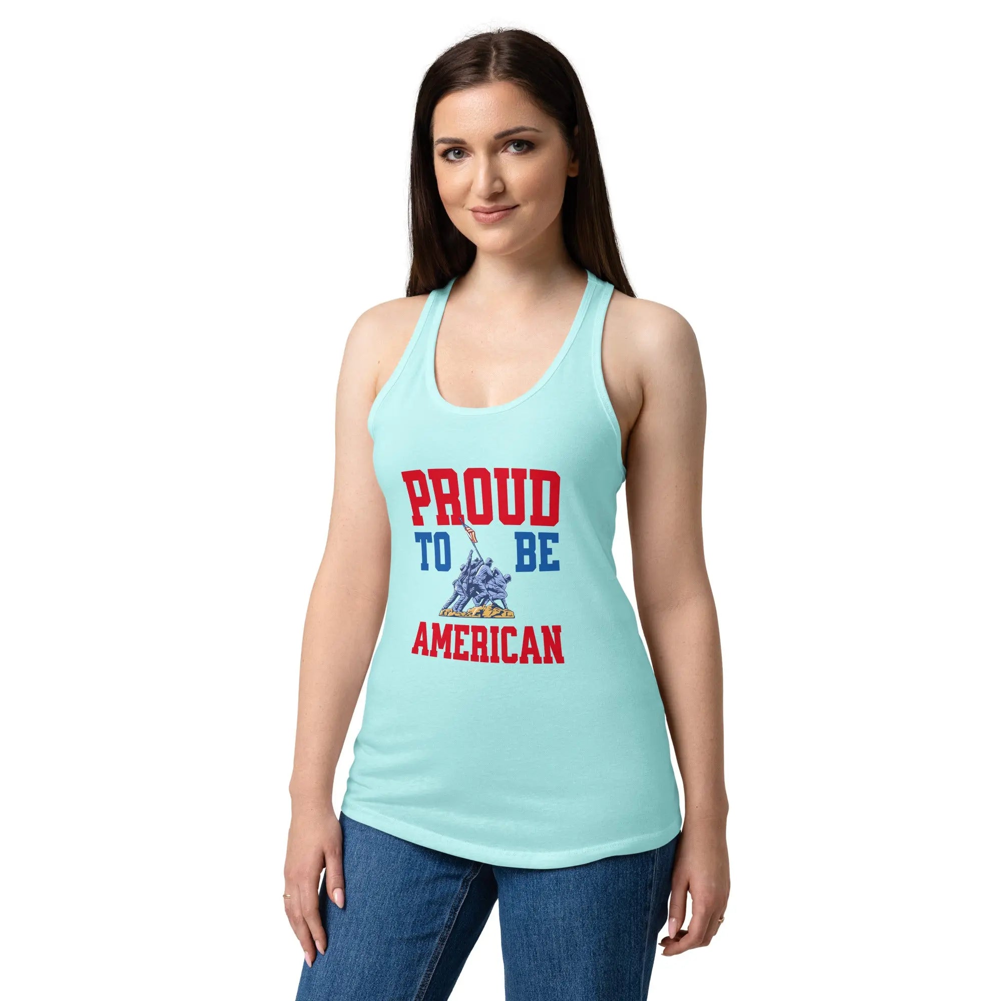 A woman wearing a cancun blue patriotic tank top with soldiers raising the flag and the text "Proud to be American."