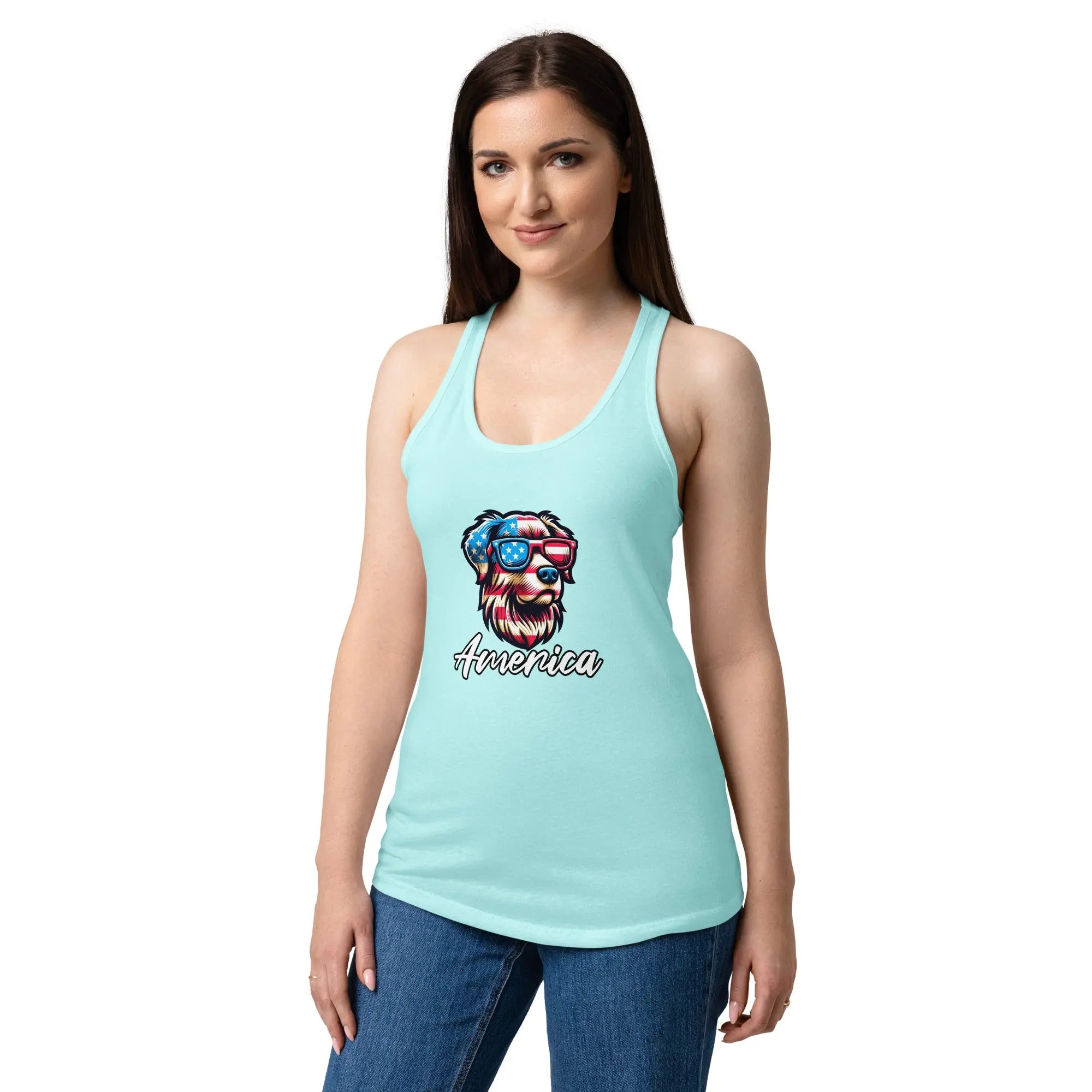 A woman wearing a cancun blue patriotic tank top with a dog head and the text "America."