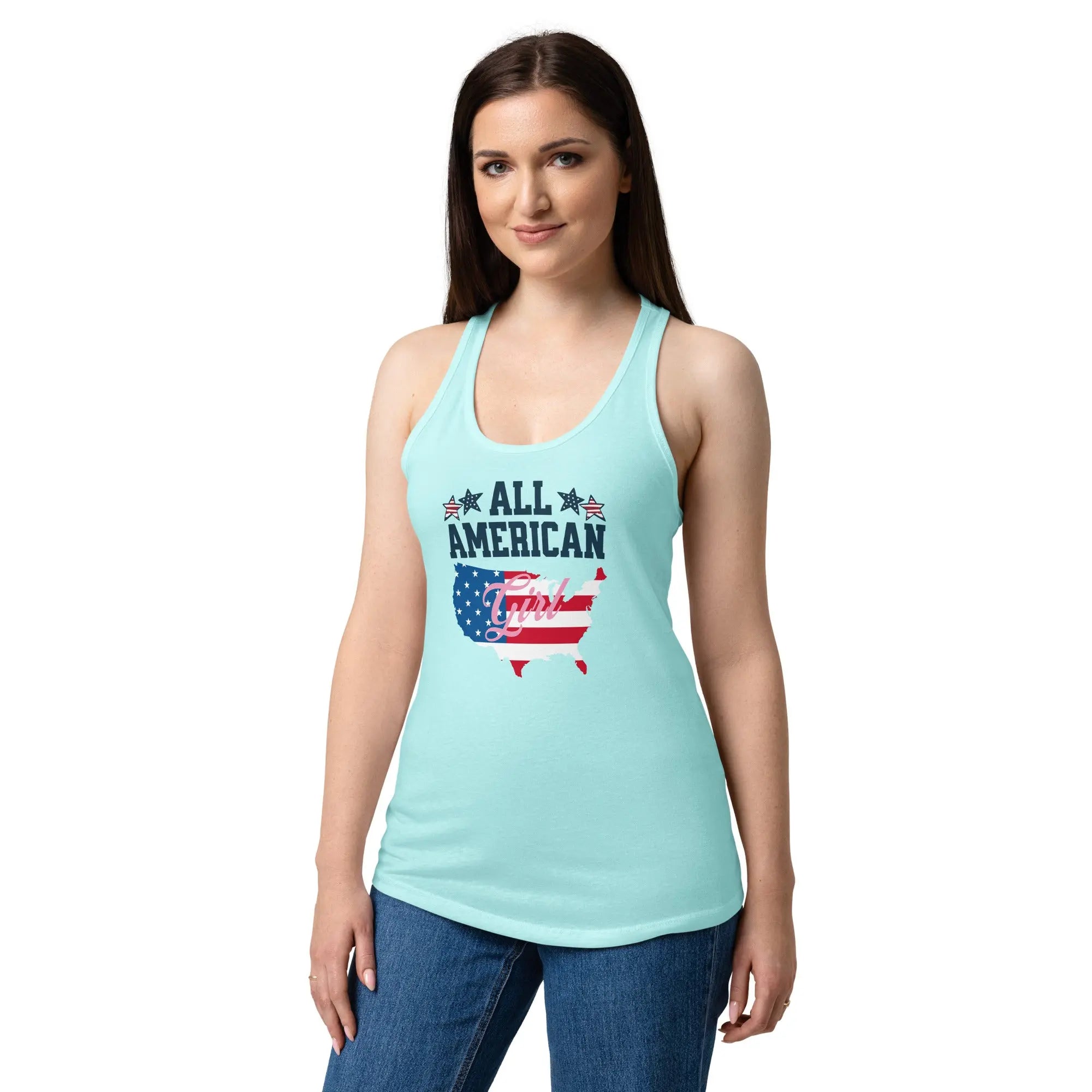 A woman wearing a cancun blue patriotic tank top with the American flag in the shape of America and the text "All American Girl."