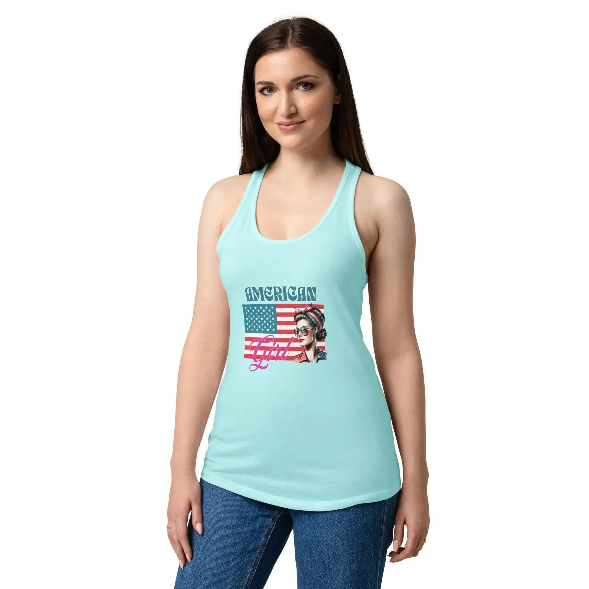 A woman wearing a cancun blue patriotic tank top with a women's head over the flag and the text "American Girl" 