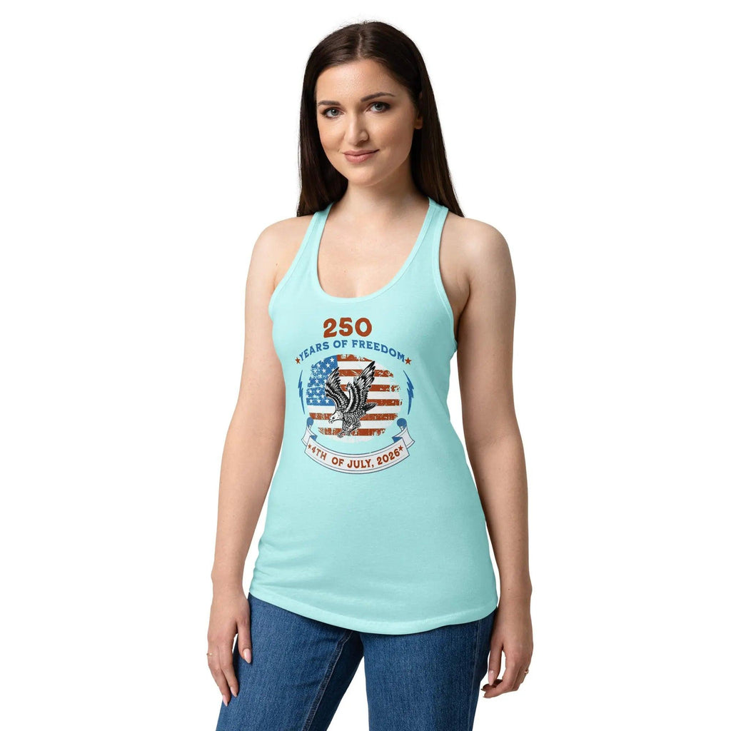 A woman wearing a cancun blue patriotic tank top with the American flag with a flying eagle and the text "250 years of freedom 4th of July, 2026."