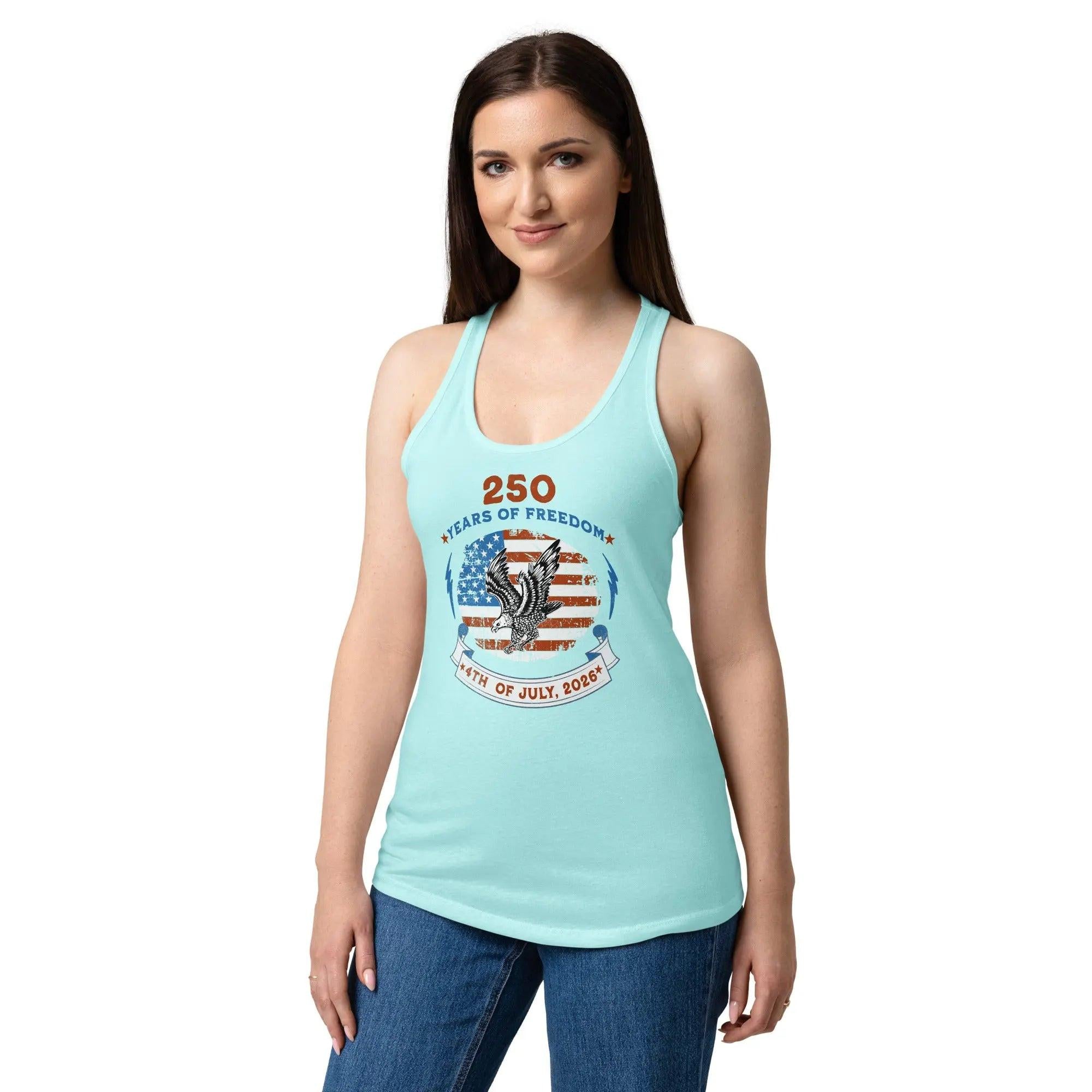 A woman wearing a cancun blue patriotic tank top with the American flag with a flying eagle and the text "250 years of freedom 4th of July, 2026."