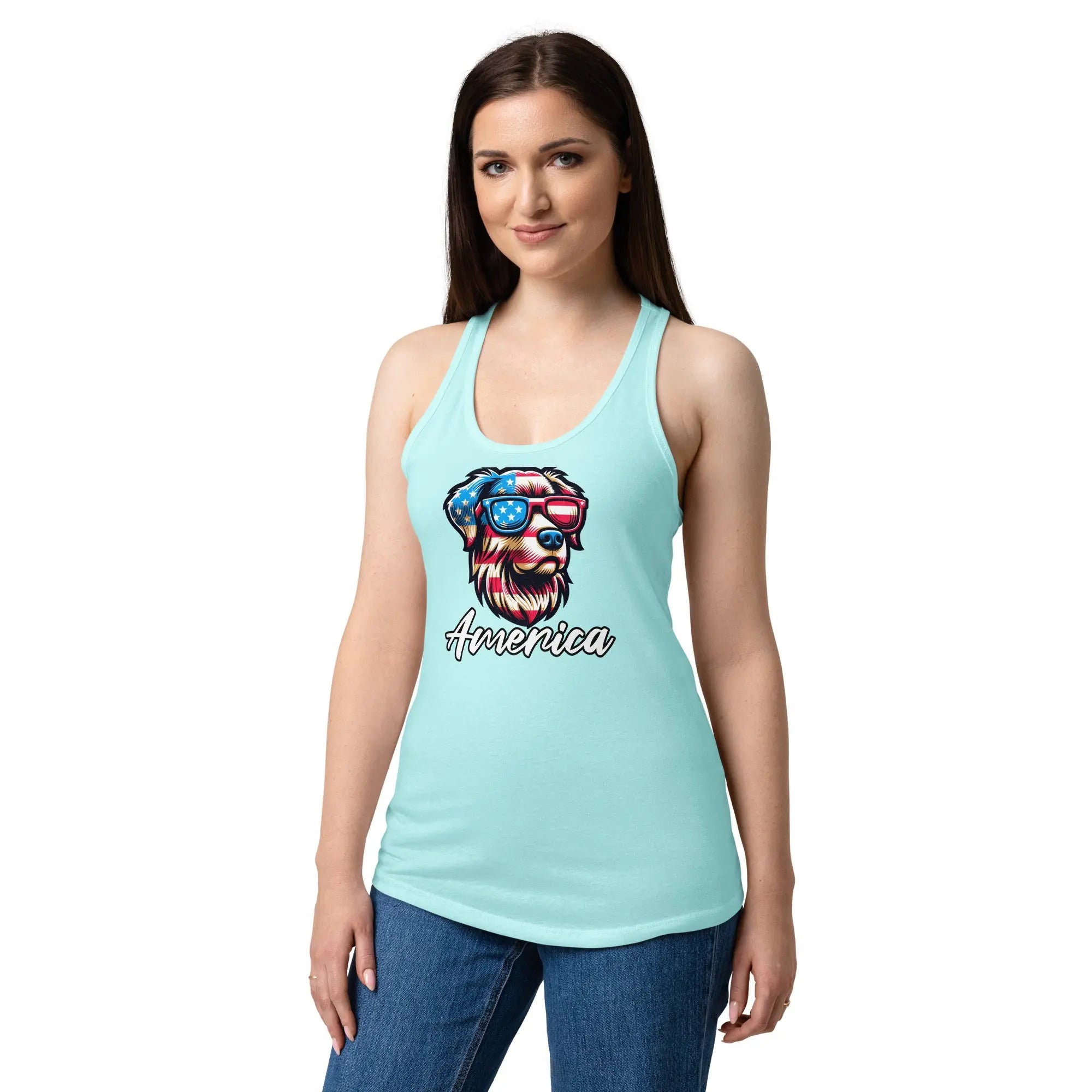 A woman wearing a Cancun blue patriotic tank top with a dog head and the text "America."