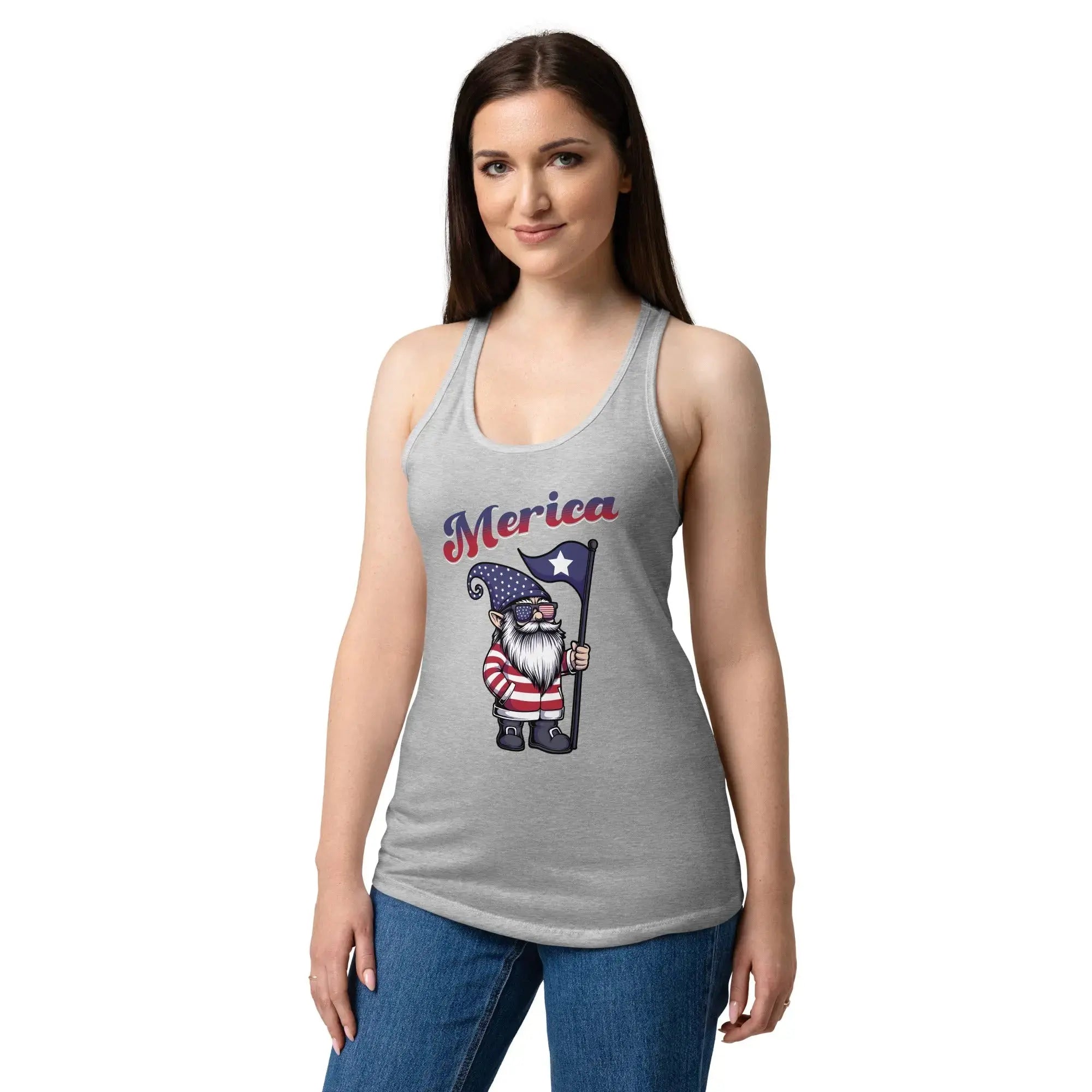 A woman wearing a heather grey patriotic tank top with a gnome and the text "Merica."