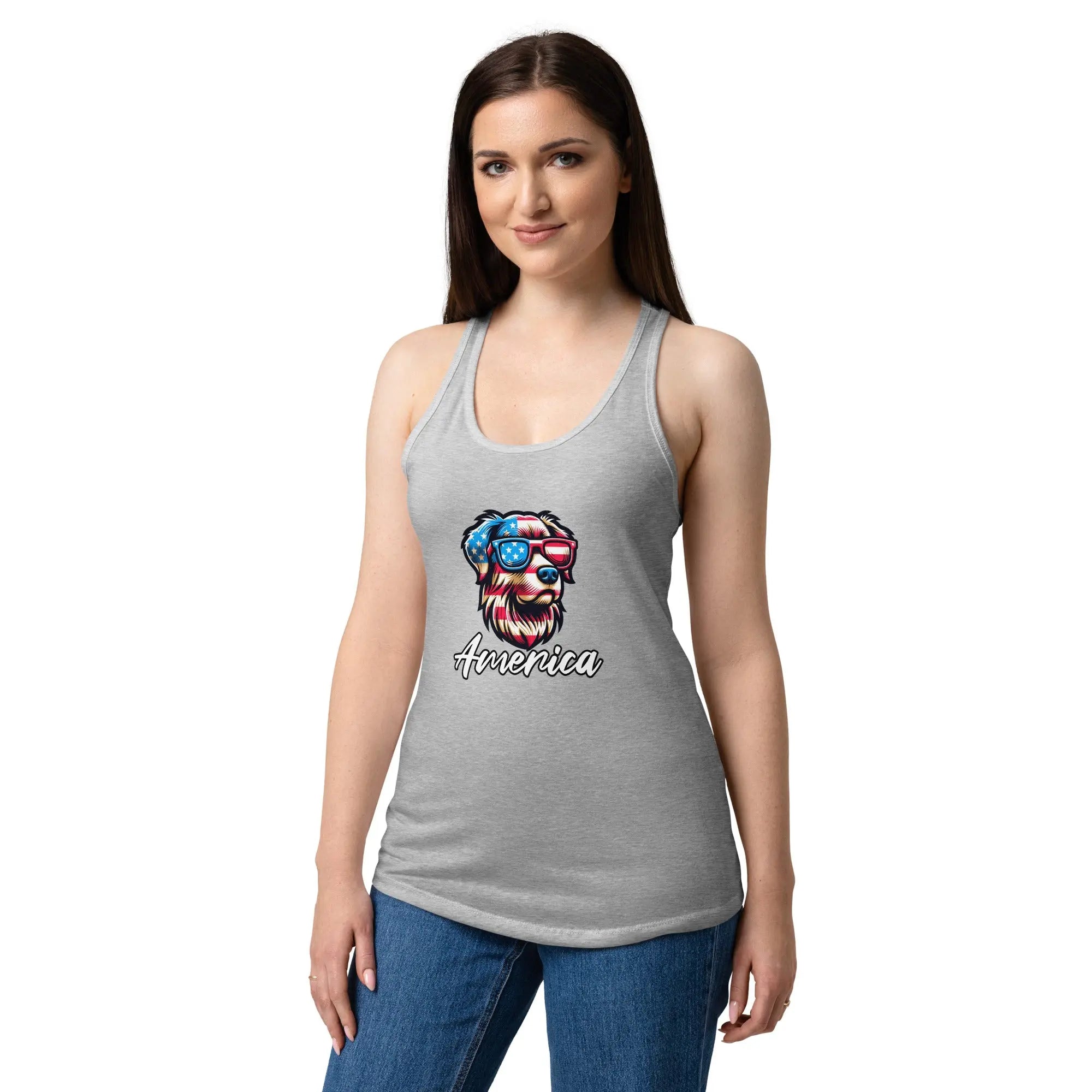 A woman wearing a heather grey patriotic tank top with a dog head and the text "America."