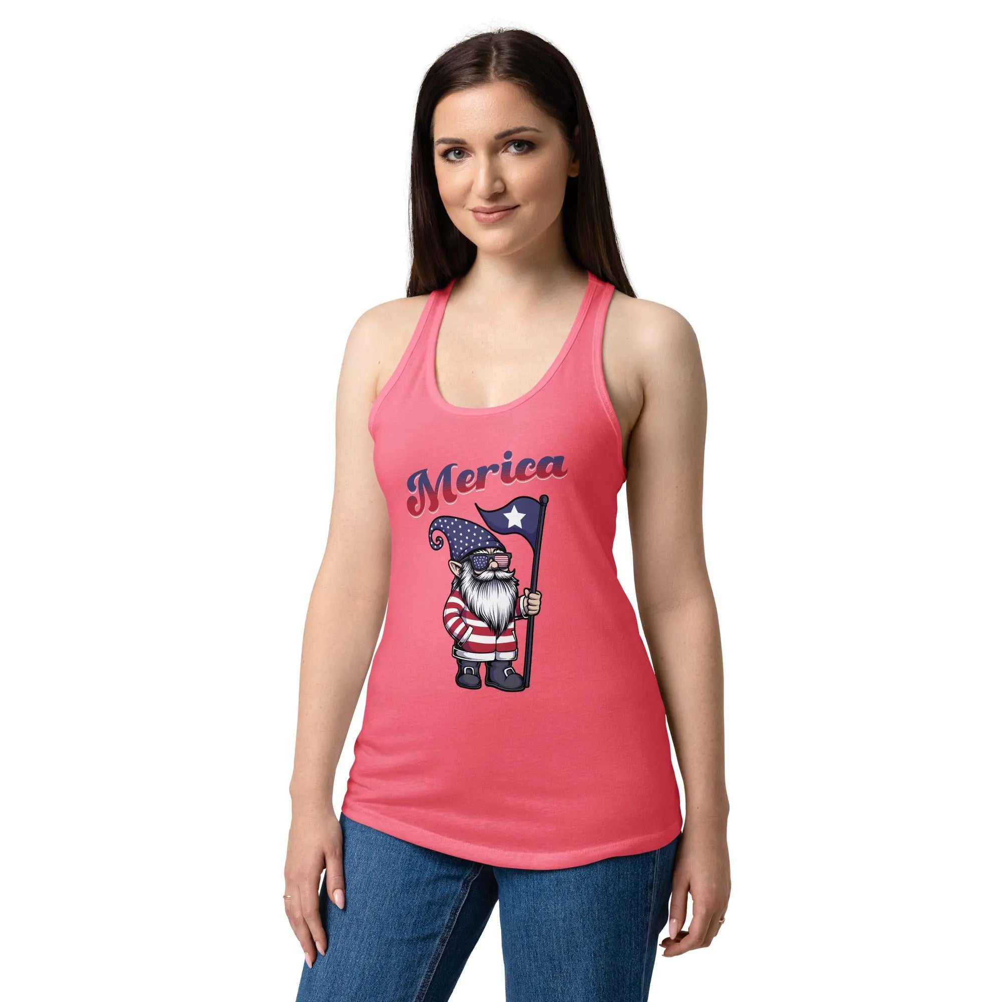 A woman wearing a hot pink patriotic tank top with a gnome and the text "Merica."