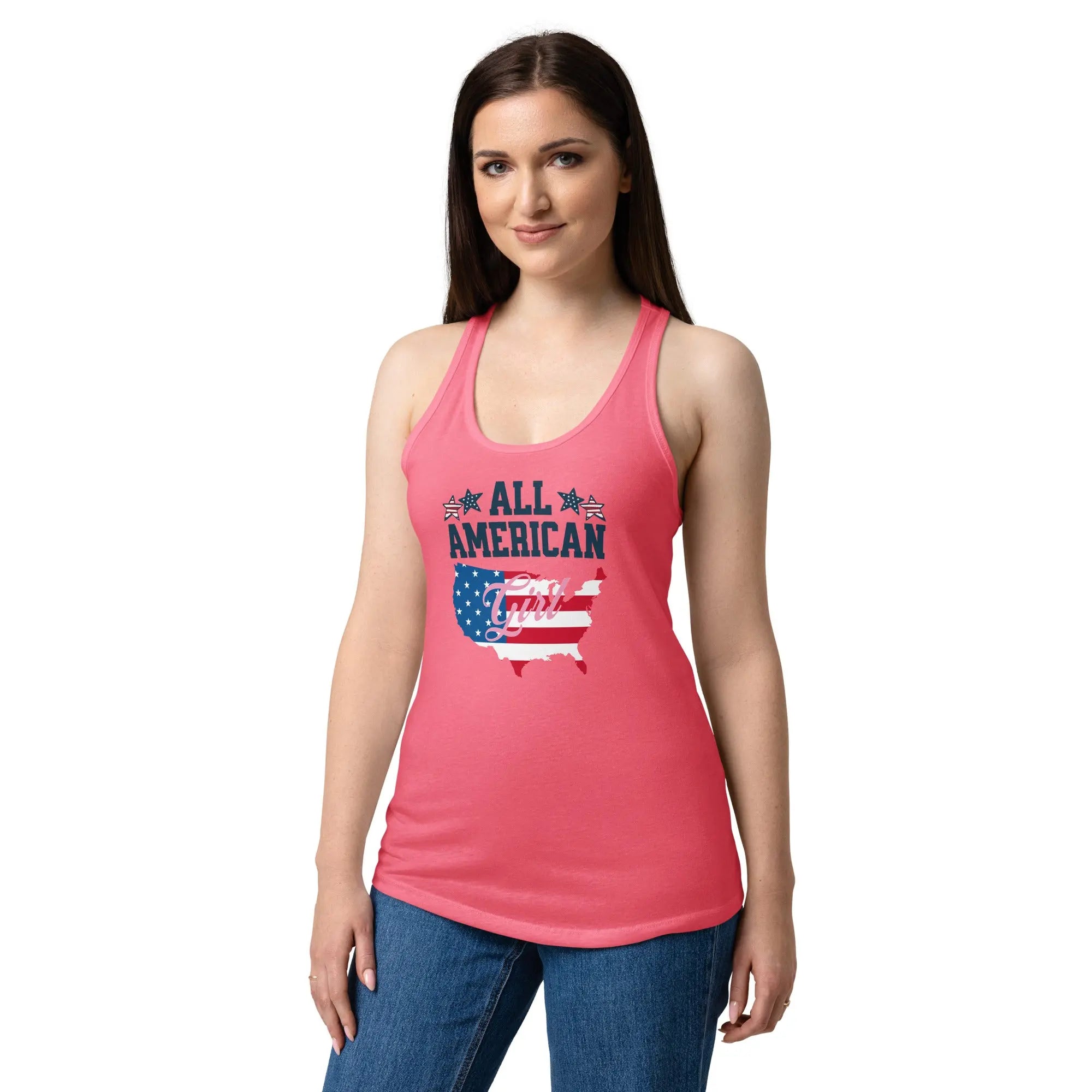 A woman wearing a hot pink patriotic tank top with the American flag in the shape of America and the text "All American Girl."
