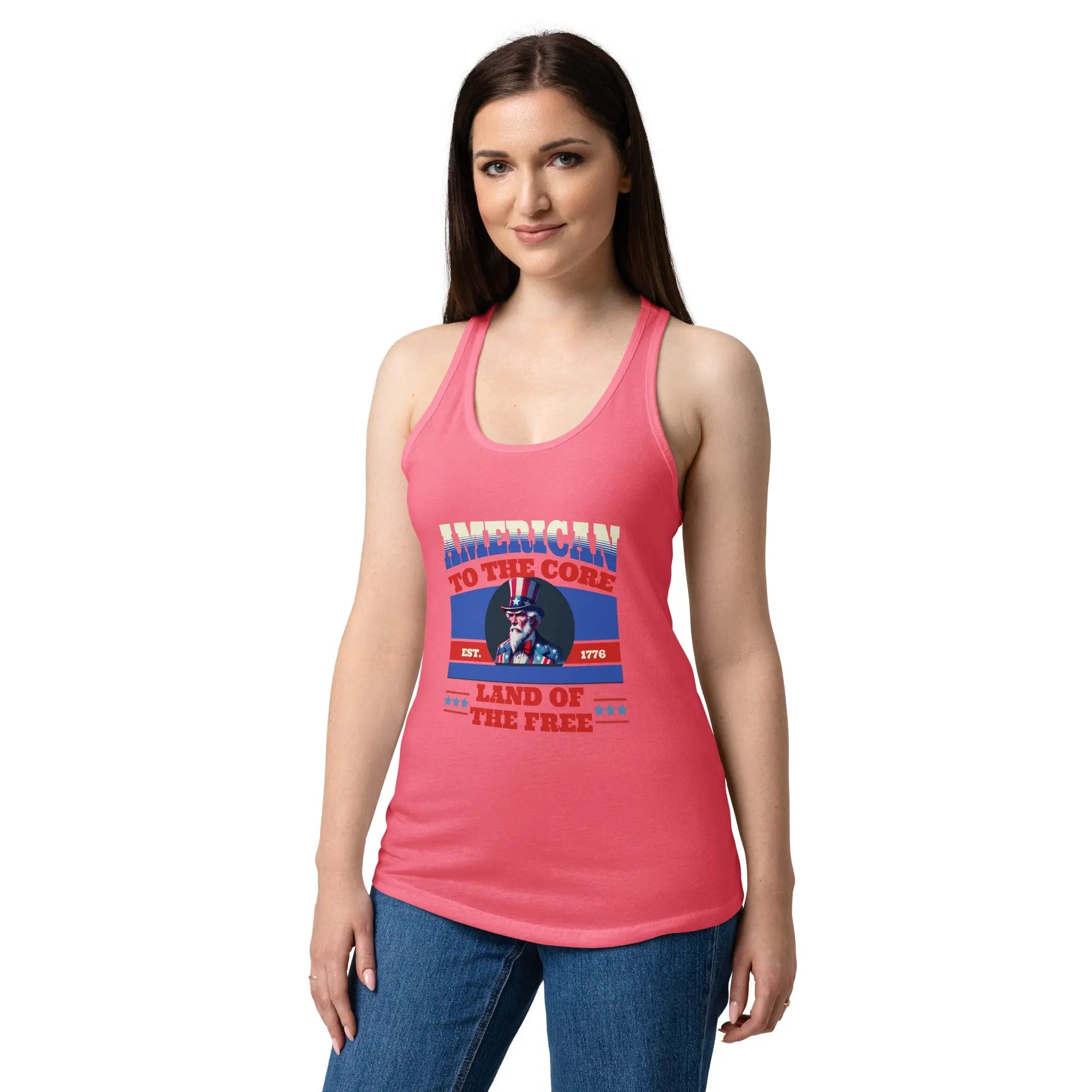 A woman wearing a hot pink patriotic tank top with Uncle Sam and the text "American To The Core" in red, white, and blue. 