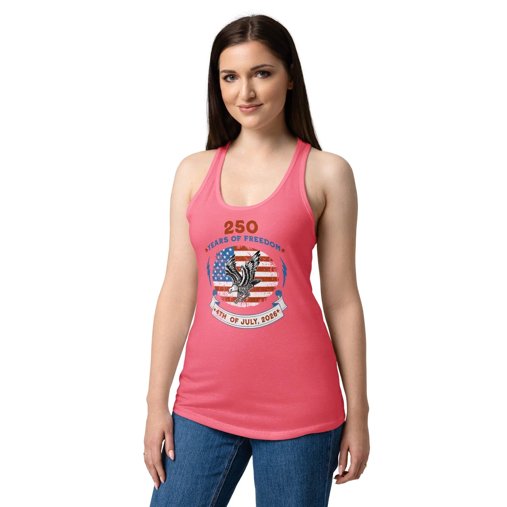 A woman wearing a hot pink patriotic tank top with the American flag with a flying eagle and the text "250 years of freedom 4th of July, 2026."