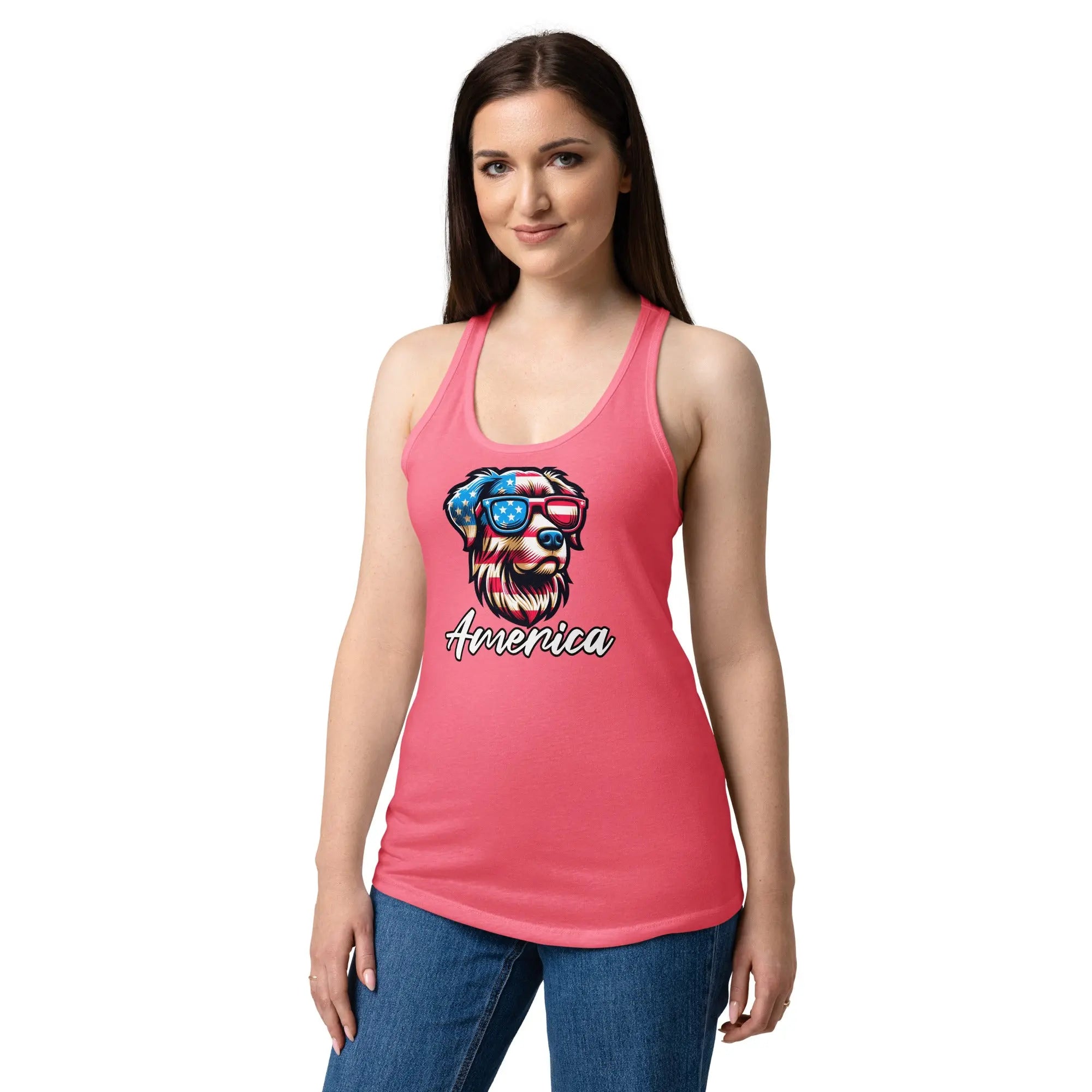 A woman wearing a hot pink patriotic tank top with a dog head and the text "America."