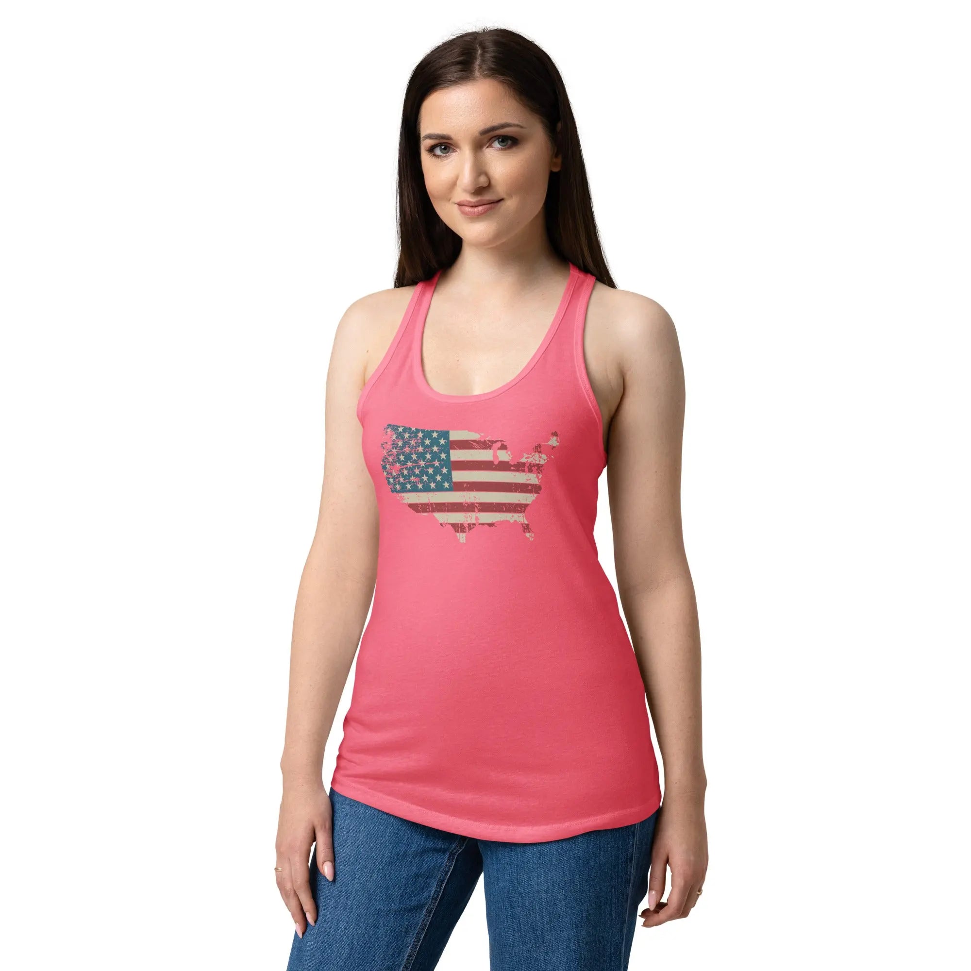 A woman wearing a hot pink patriotic tank top with the American flag in the shape of America.