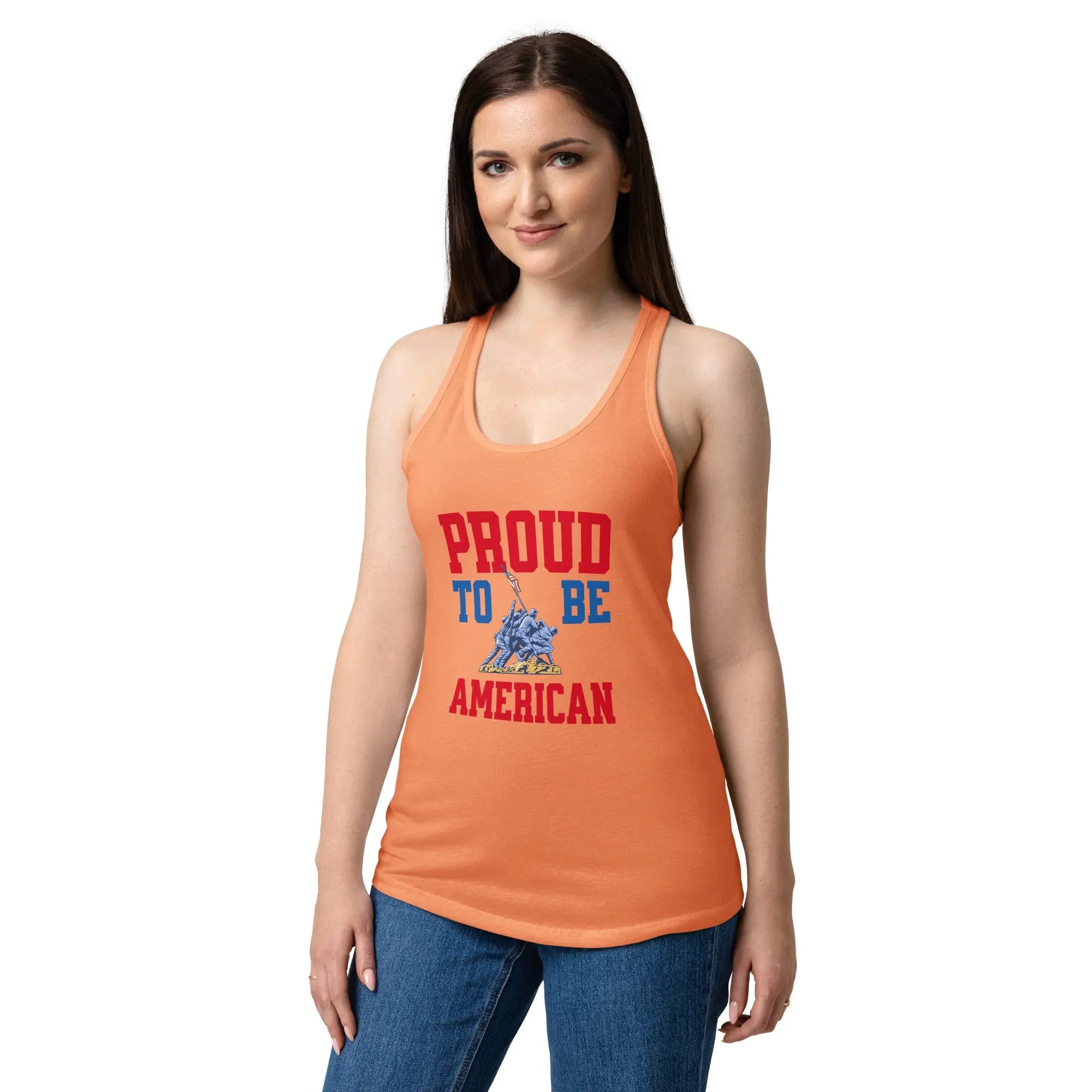 A woman wearing a light orange patriotic tank top with soldiers raising the flag and the text "Proud to be American."
