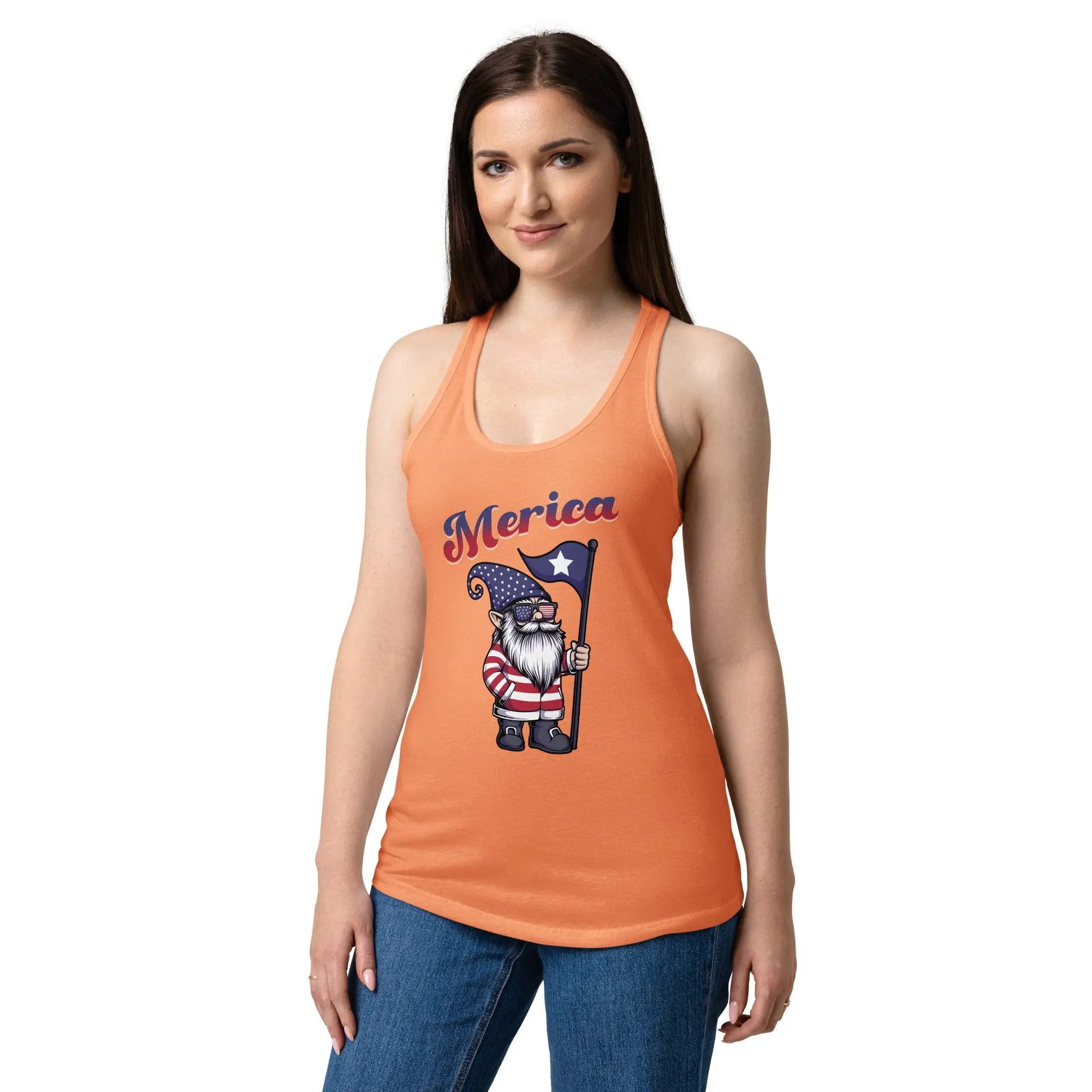 A woman wearing a light orange patriotic tank top with a gnome and the text "Merica."