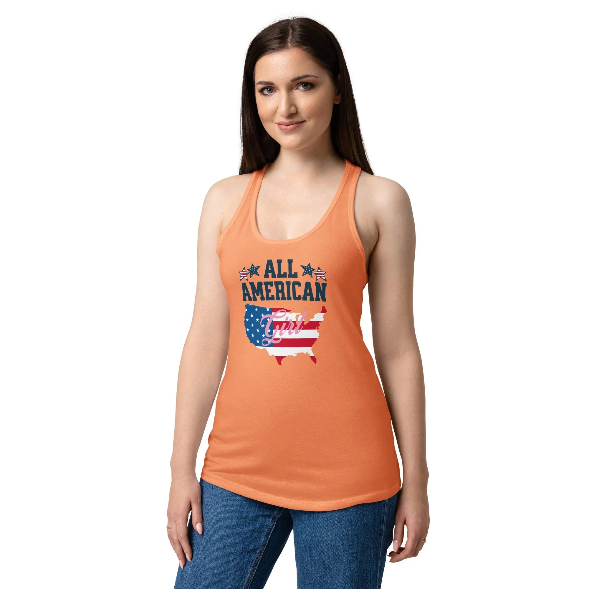 A woman wearing a light orange patriotic tank top with the American flag in the shape of America and the text "All American Girl."