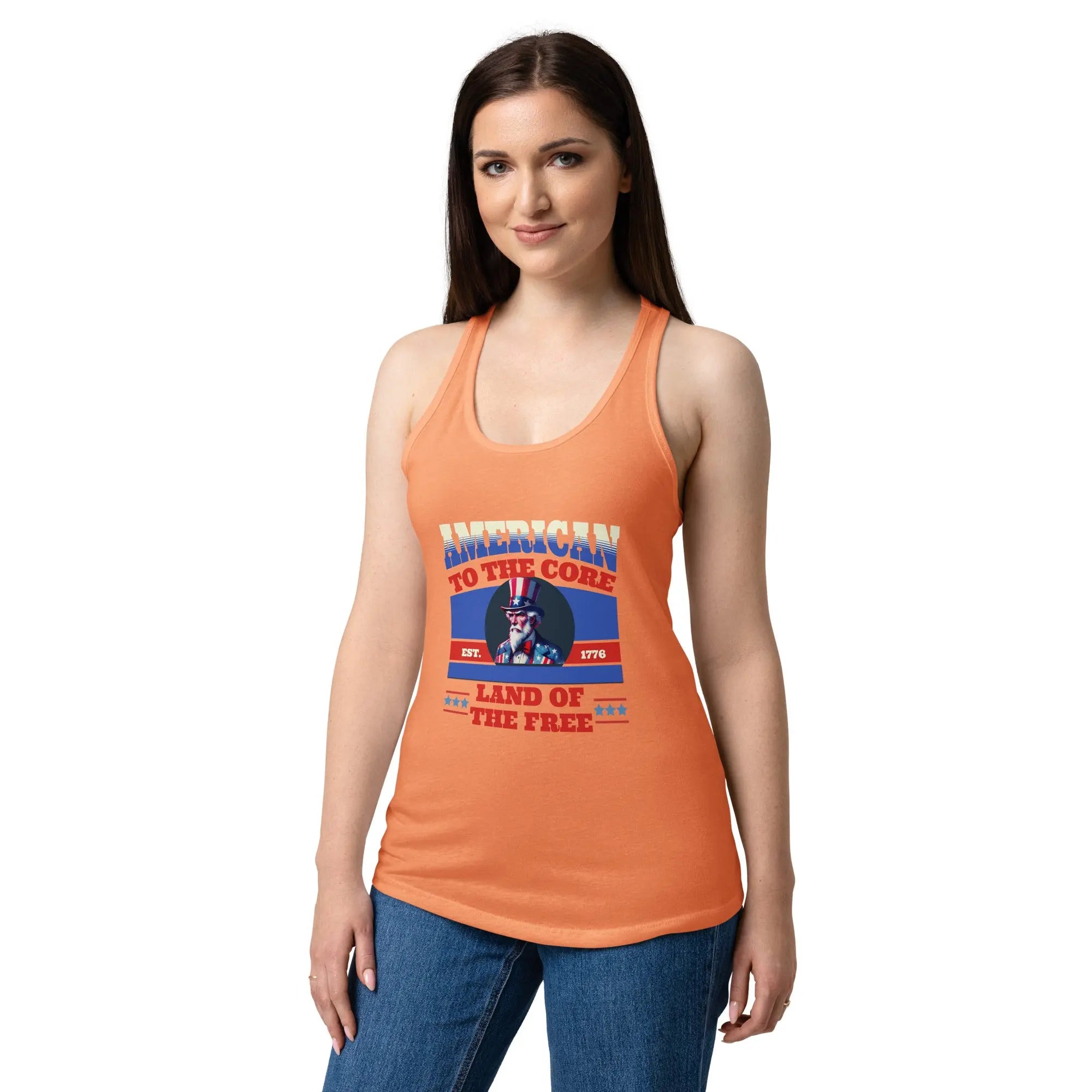 A woman wearing a light orange patriotic tank top with Uncle Sam and the text "American To The Core" in red, white, and blue. 