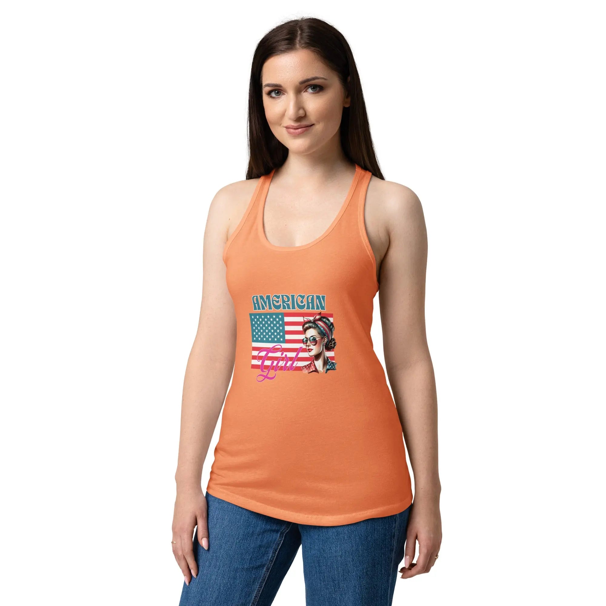 A woman wearing a light orange patriotic tank top with a women's head over the flag and the text "American Girl" 