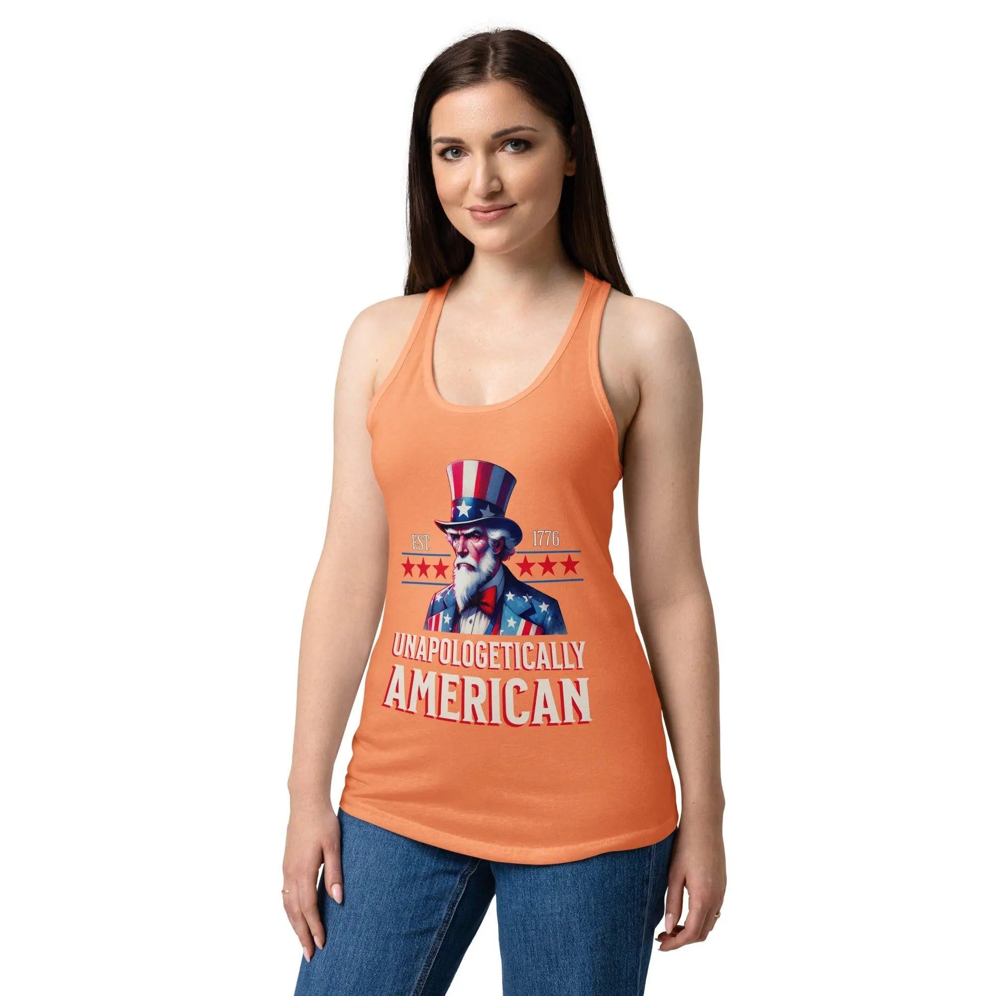 A woman wearing a light orange patriotic tank top with Uncle Sam and the text "Unapologetically American." 