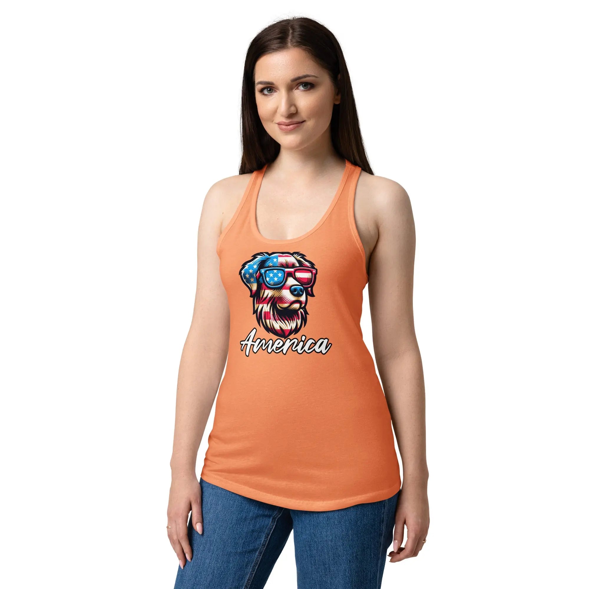 A woman wearing a light orange patriotic tank top with a dog head and the text "America."