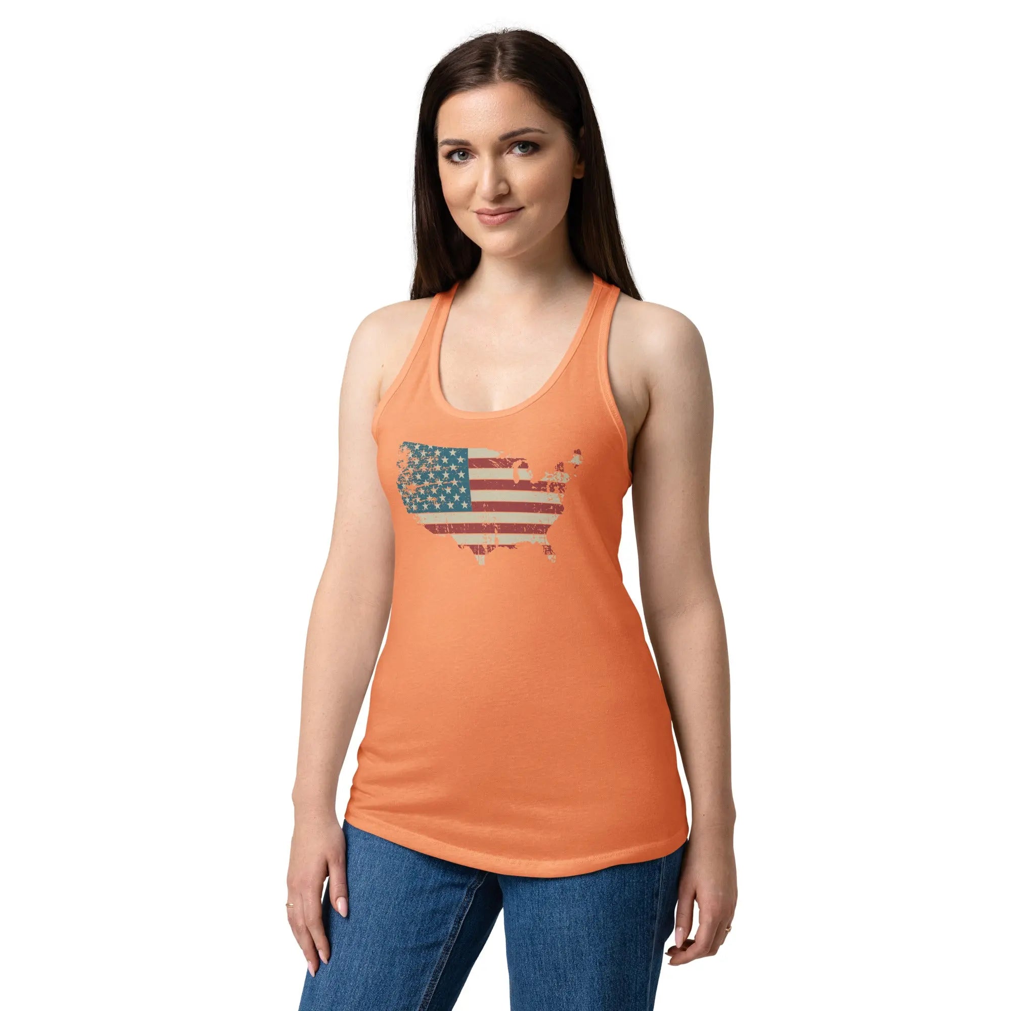 A woman wearing a light orange patriotic tank top with the American flag in the shape of America.