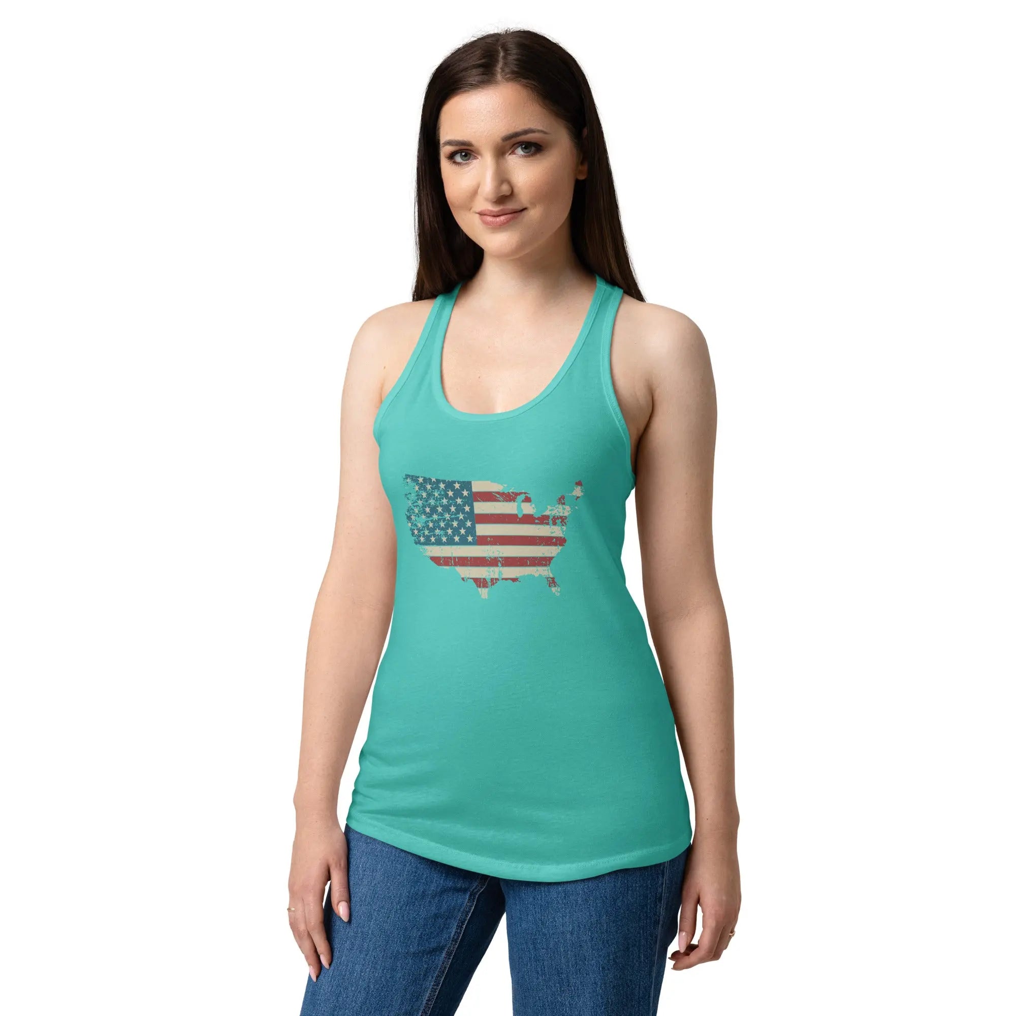 A woman wearing a tahiti blue patriotic tank top with the American flag in the shape of America.
