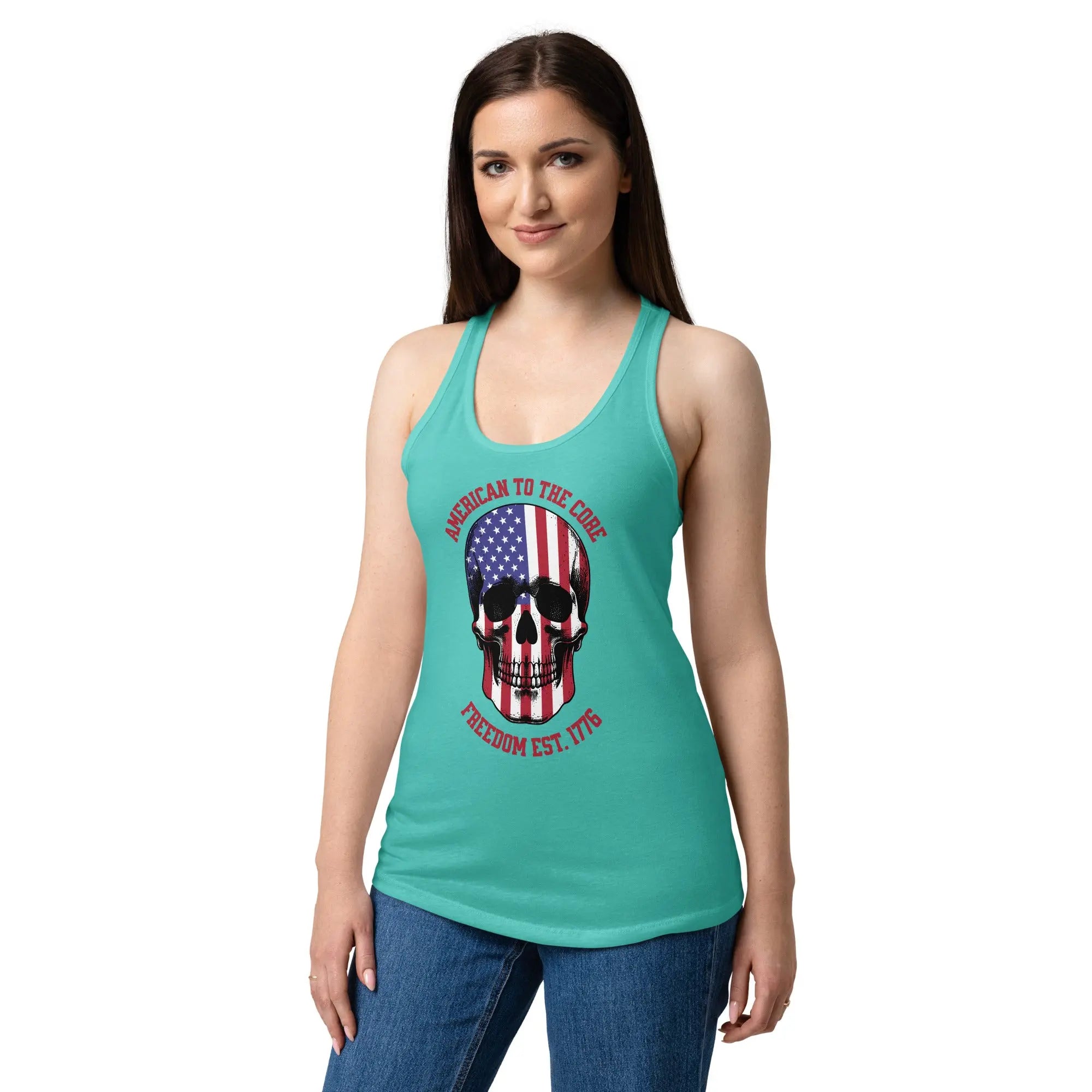 A woman wearing a tahiti blue patriotic tank top with a skull and the text "Freedom est. 1776."