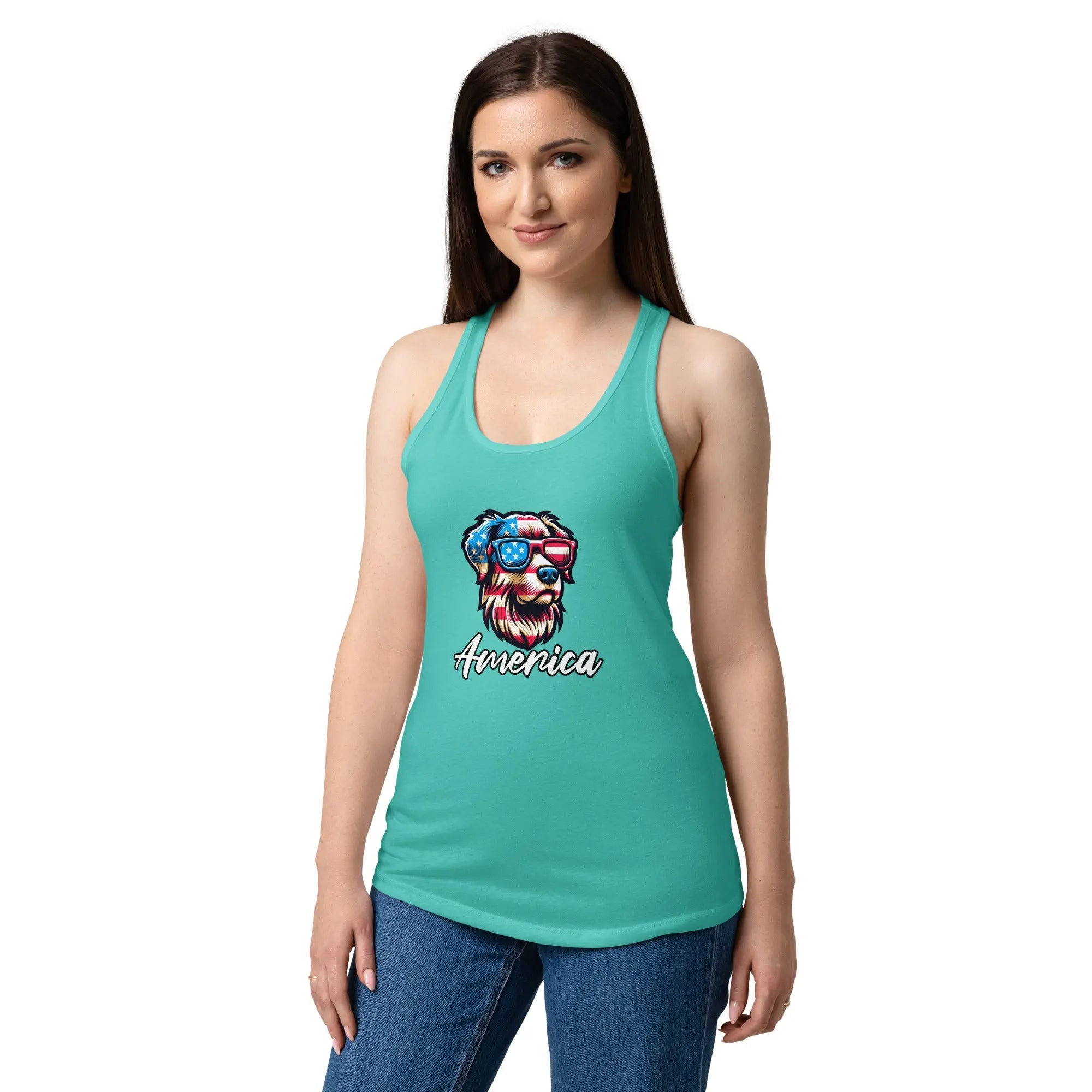 A woman wearing a tahiti blue patriotic tank top with a dog head and the text "America."