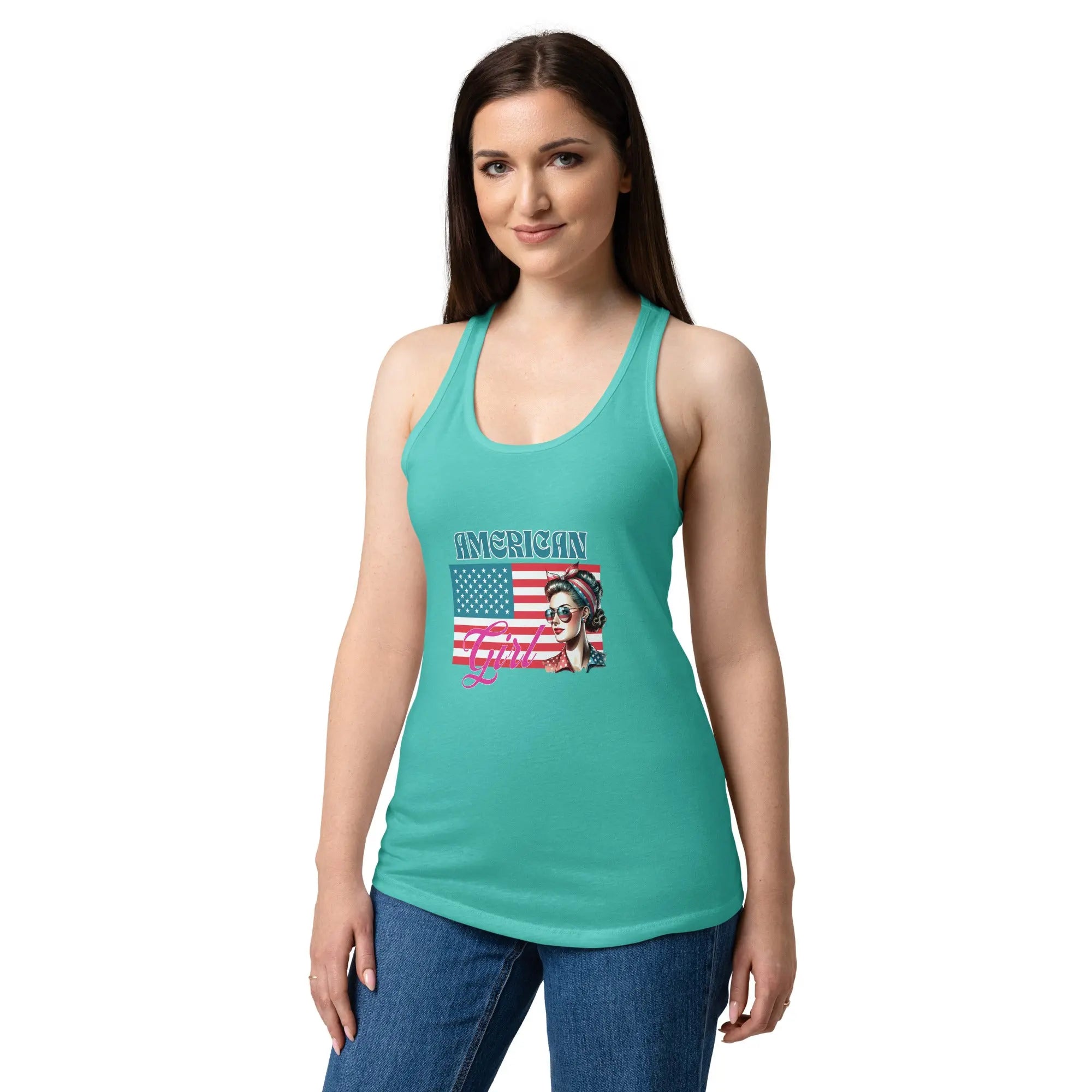 A woman wearing a tahiti blue patriotic tank top with a women's head over the flag and the text "American Girl" 