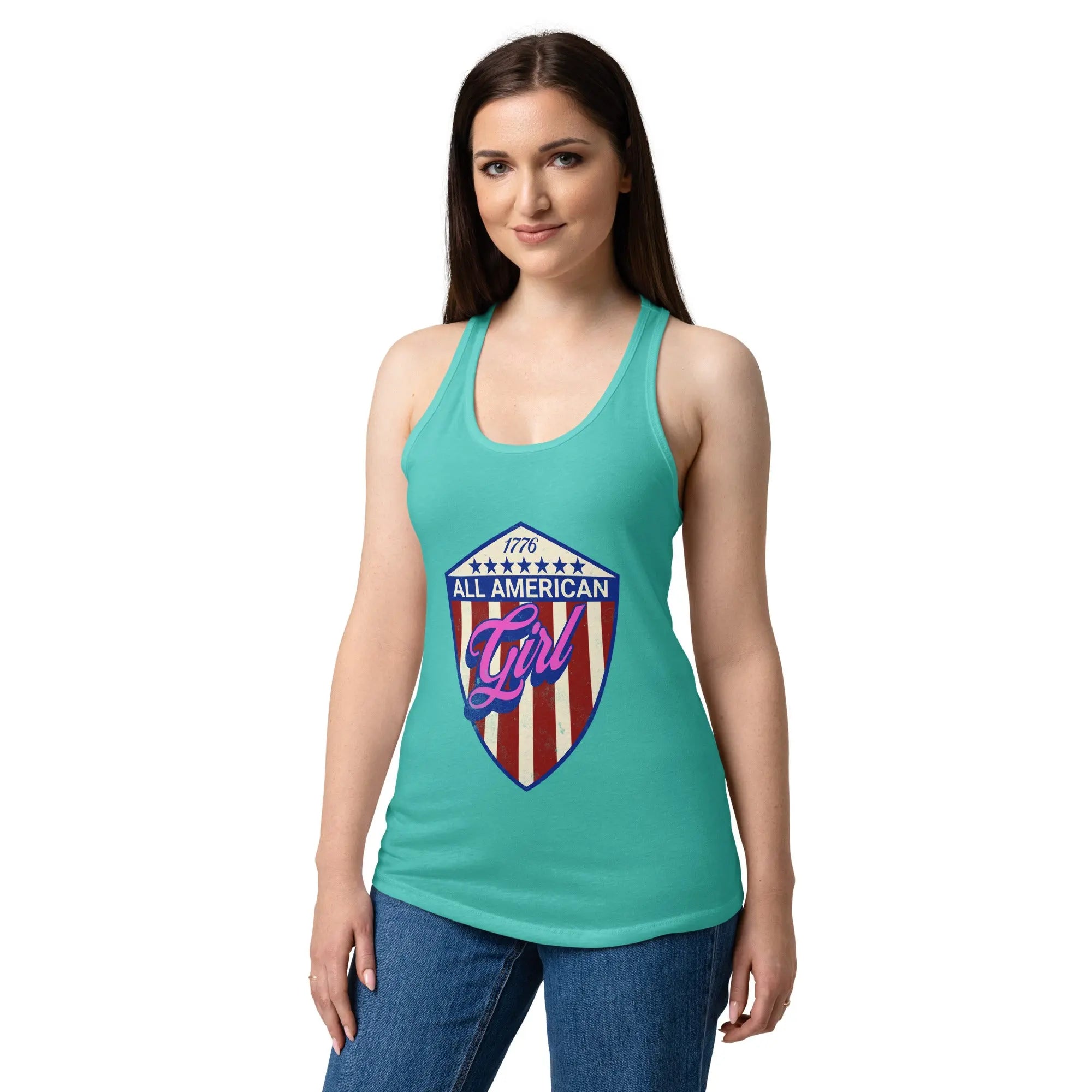 A woman wearing a tahiti blue patriotic tank top with an eagle head and the text "Freedom isn't free" 