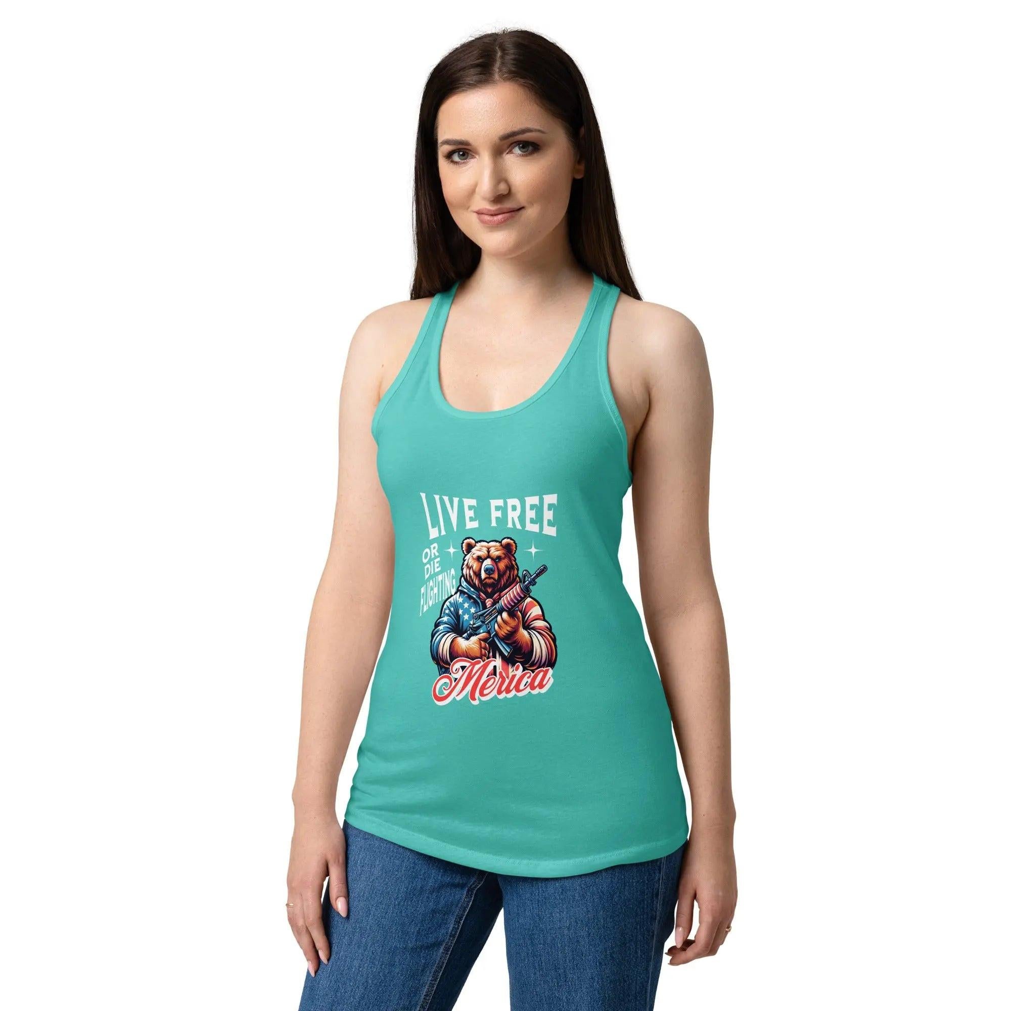 A woman wearing a tahiti blue patriotic tank top with a bear holding a gun and the text "Live free or die fighting." 