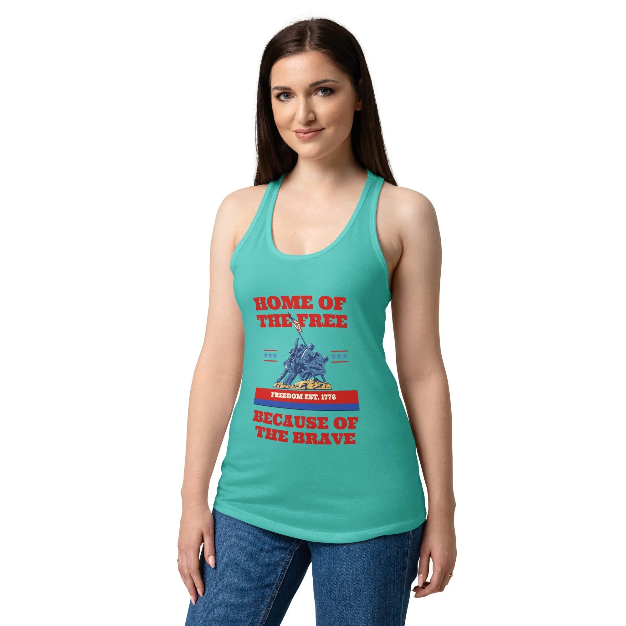 A woman wearing a tahiti blue patriotic tank top with soldiers raising the flag and the text "Home of the free because of the brave."