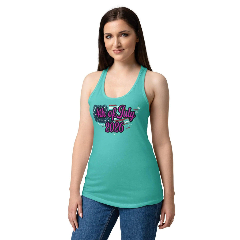 A woman wearing a tahiti blue patriotic tank top with the American flag in the shape of America with the text '4th of July 2026' 
