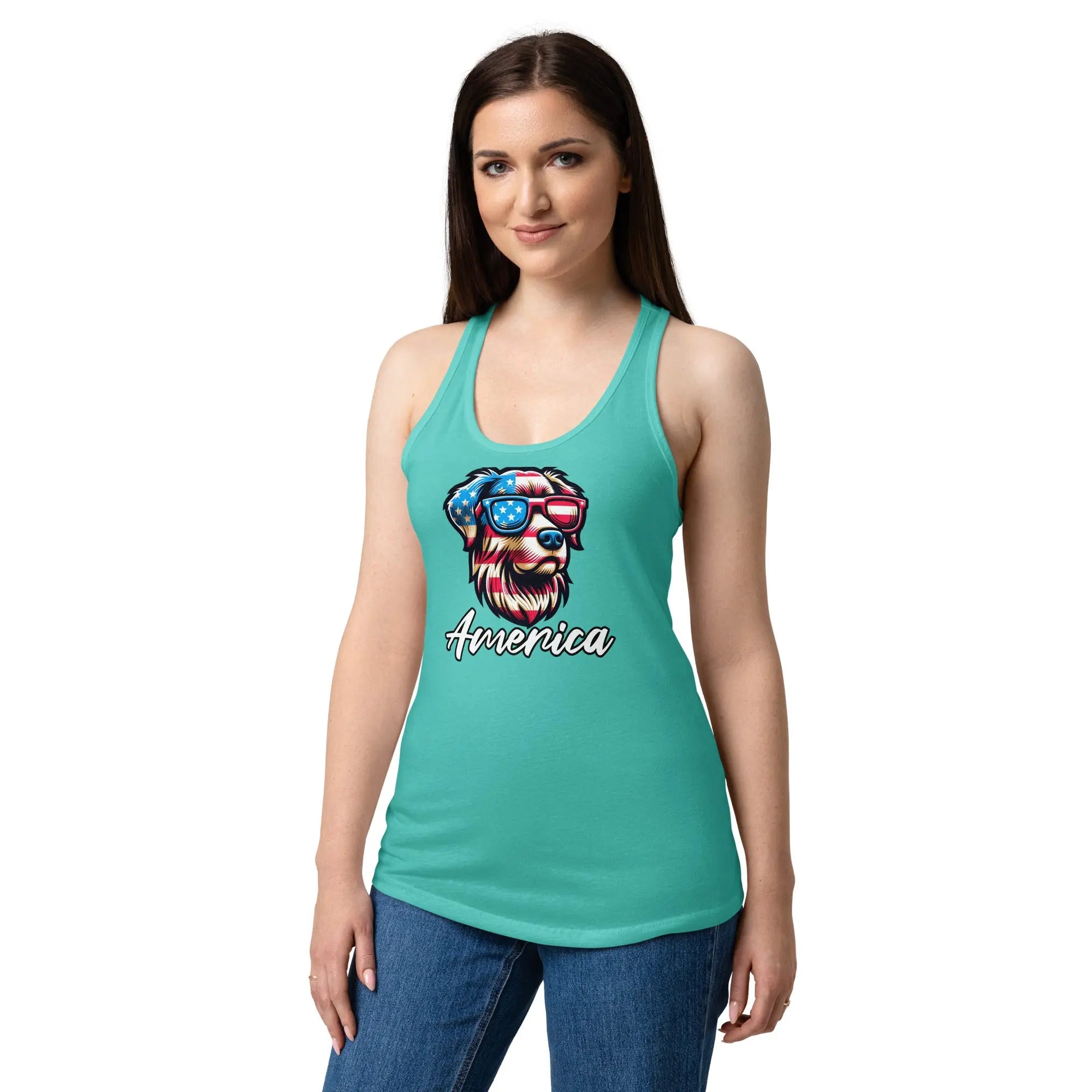 A woman wearing a Tahiti blue patriotic tank top with a dog head and the text "America."