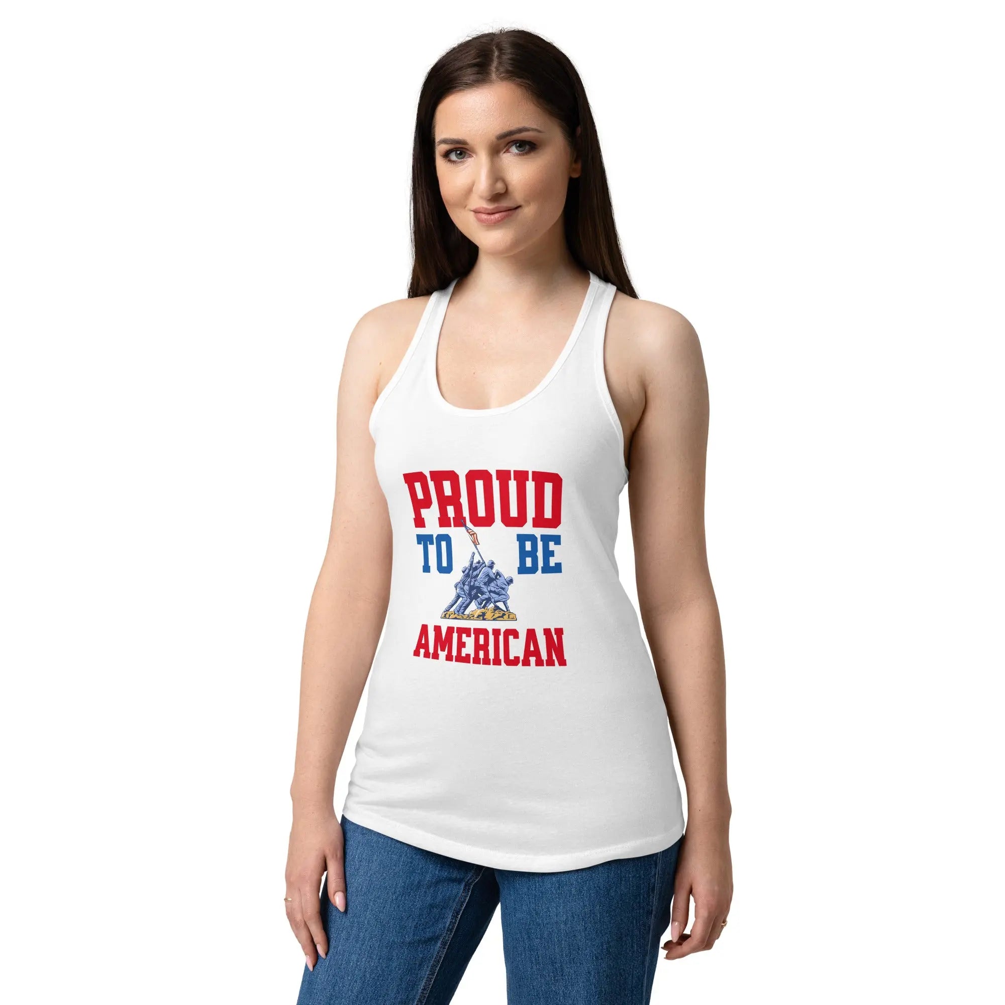 A woman wearing a white patriotic tank top with soldiers raising the flag and the text "Proud to be American."