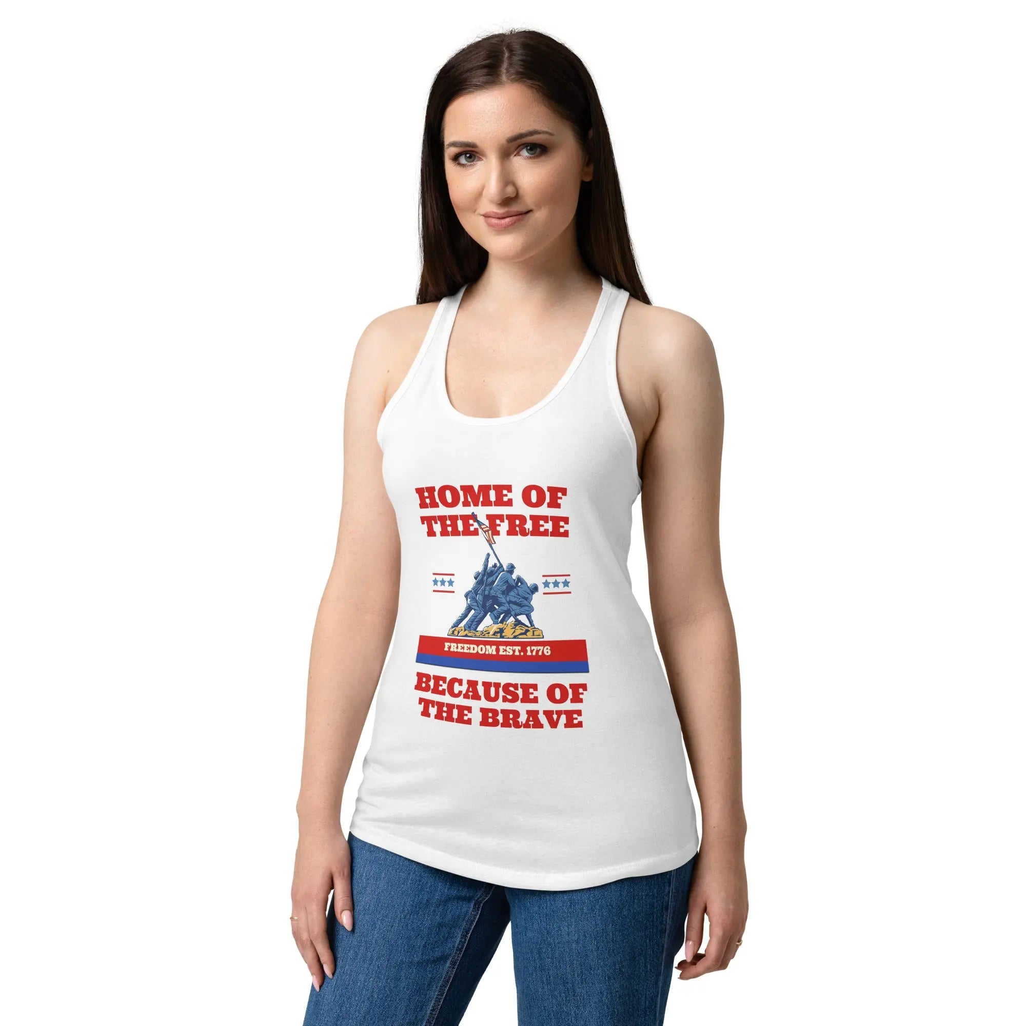 A woman wearing a white patriotic tank top with soldiers raising the flag and the text "Home of the free because of the brave."