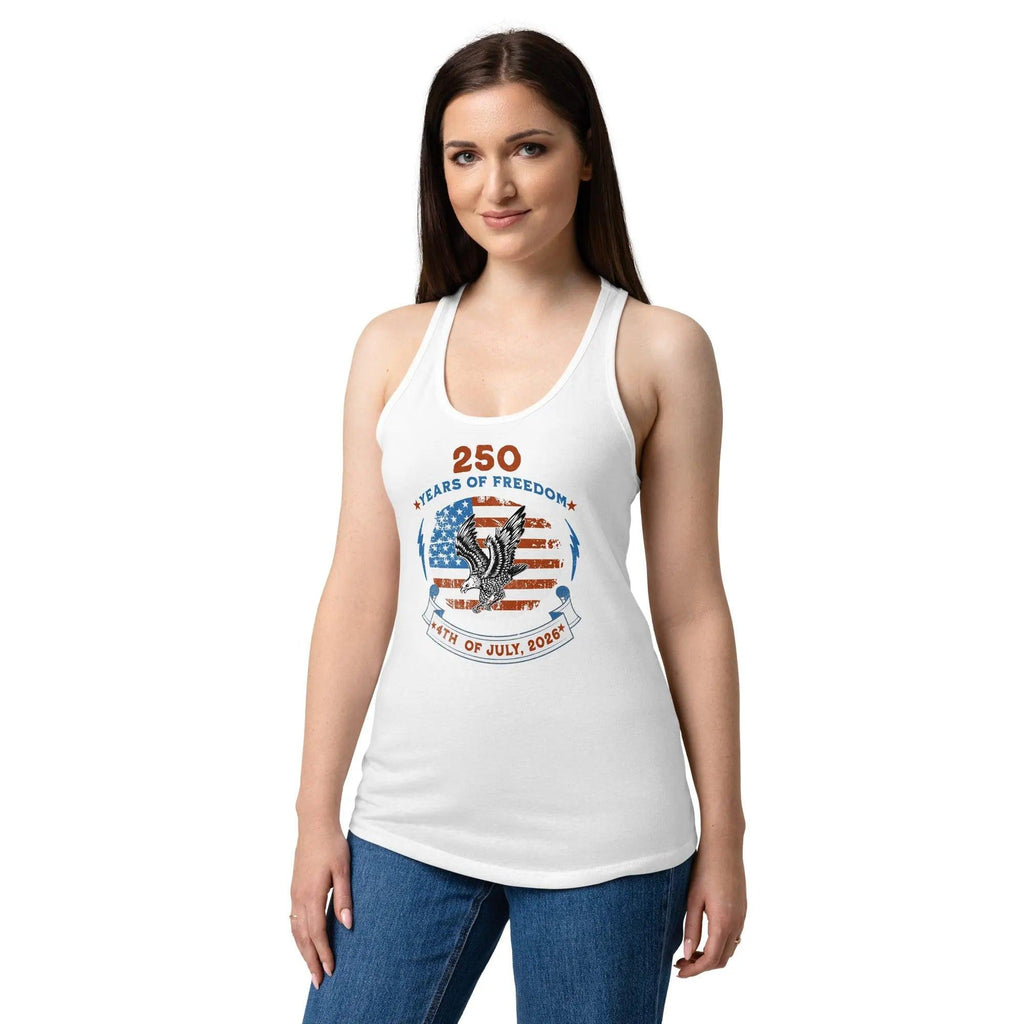 A woman wearing a white patriotic tank top with the American flag with a flying eagle and the text "250 years of freedom 4th of July, 2026."