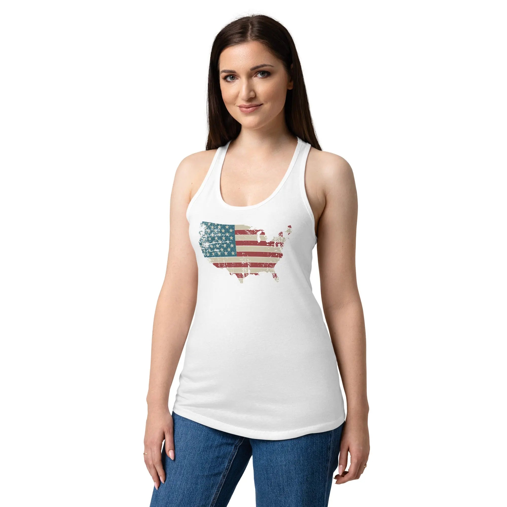 A woman wearing a white patriotic tank top with the American flag in the shape of America.