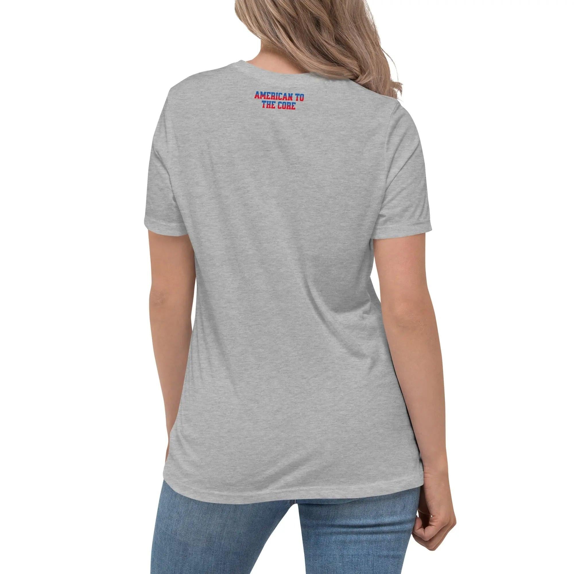 Back of a woman wearing an athletic heather patriotic t-shirt with the text "American To The Core."