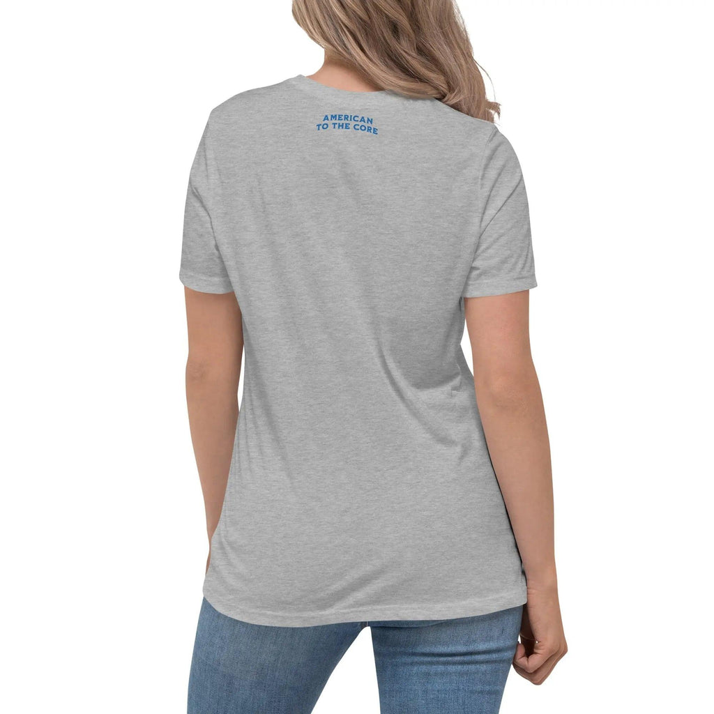 Back of a woman wearing a athletic heather patriotic t-shirt with the text "American To The Core."