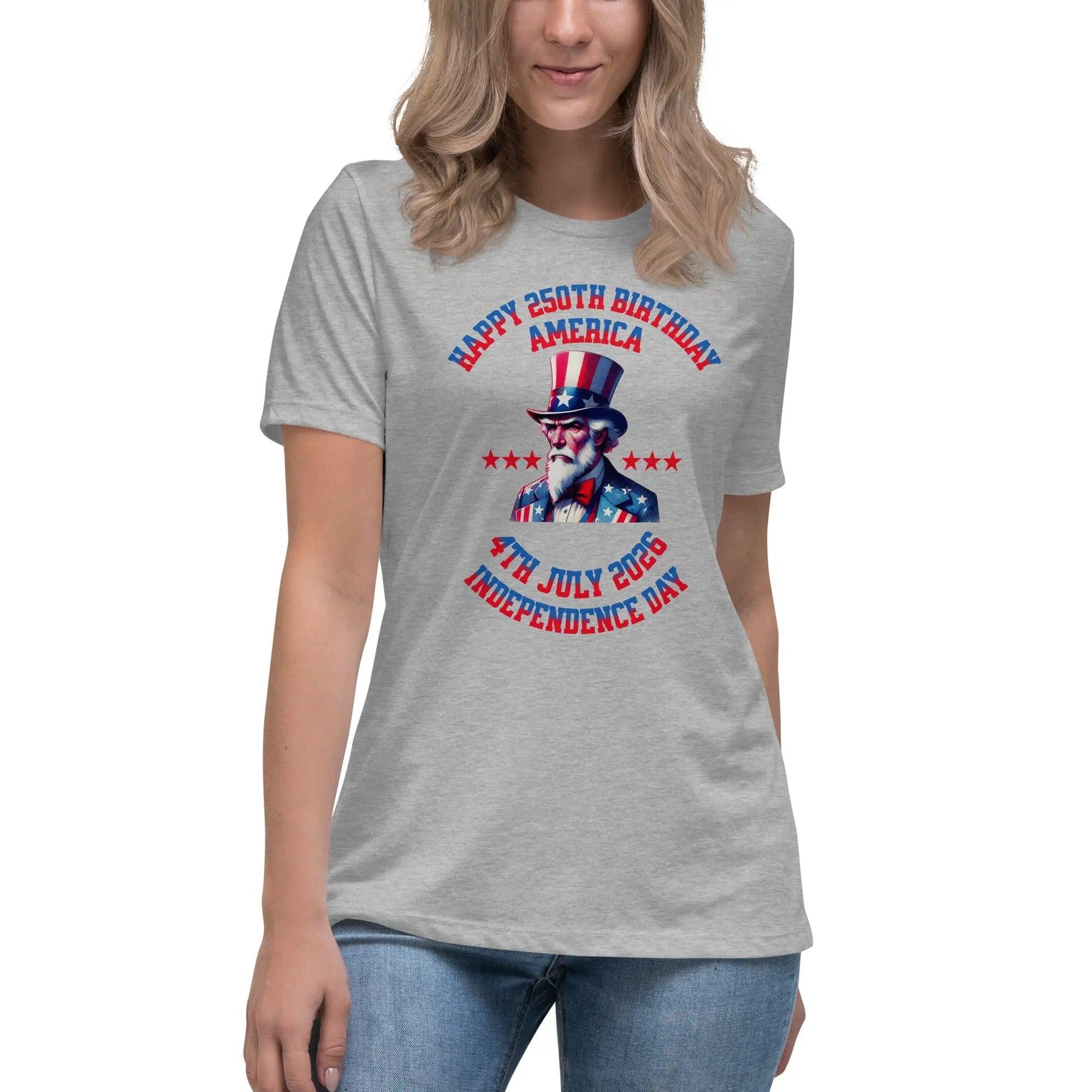 A woman wearing a athletic heather patriotic t-shirt with Uncle Sam and the text "Happy 250th Birthday, America, and 4th July 2026, Independence Day."