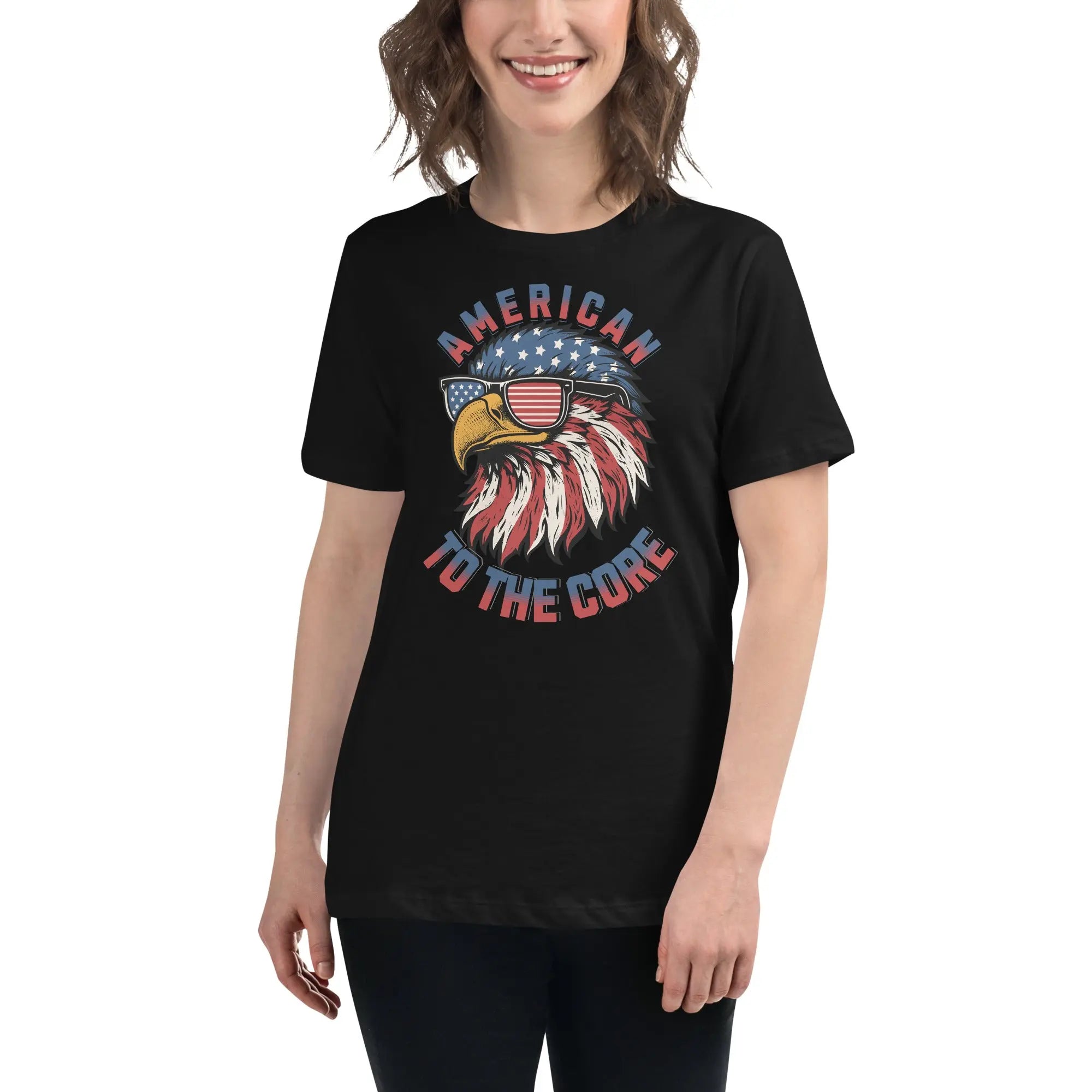 Back of woman wearing a black patriotic t-shirt with an eagle head and  "American To The Core" text