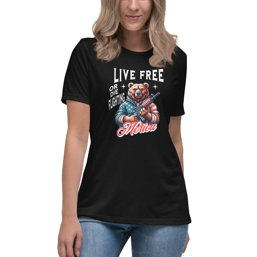 A woman wearing a black patriotic t-shirt with a bear holding a gun and "Live Free or Die Fighting" text.