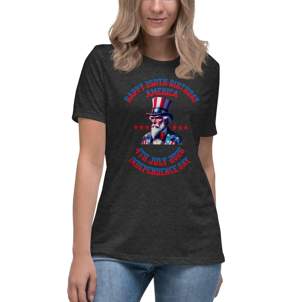 A woman wearing a dark grey patriotic t-shirt with Uncle Sam and the text "Happy 250th Birthday, America, and 4th July 2026, Independence Day."