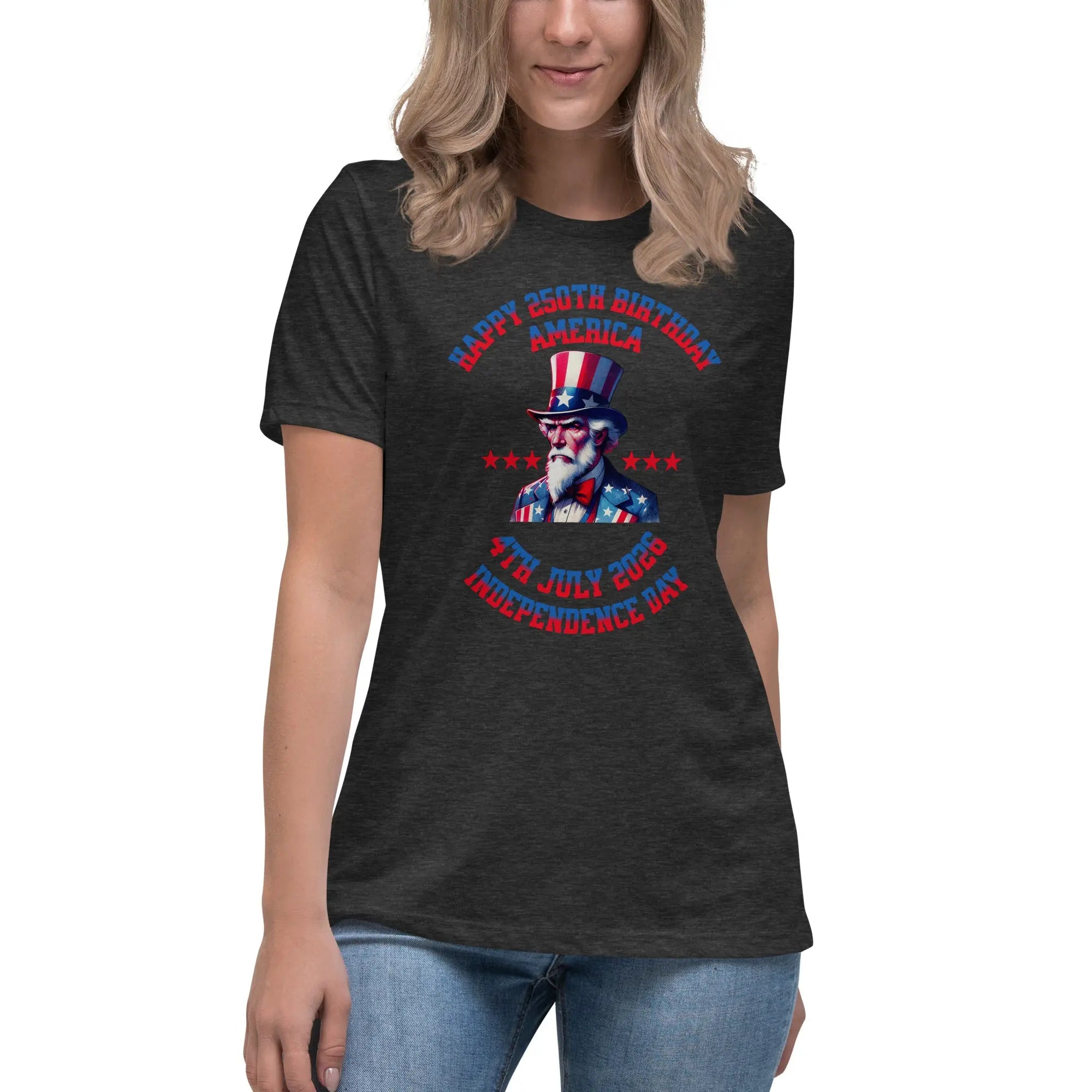 A woman wearing a dark grey patriotic t-shirt with Uncle Sam and the text "Happy 250th Birthday, America, and 4th July 2026, Independence Day."