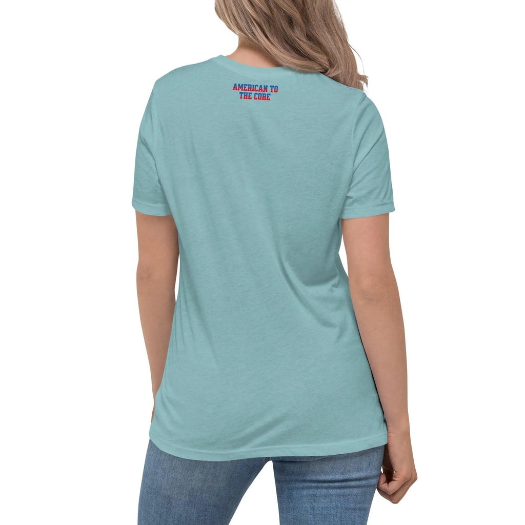 Back of woman wearing a heather blue lagoon patriotic t-shirt with the text "American To The Core."