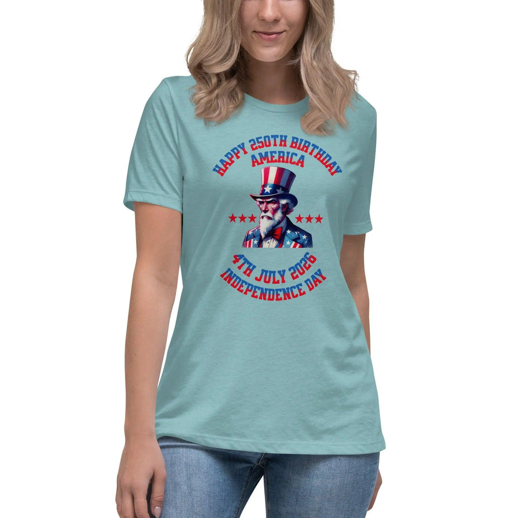 A woman wearing a blue heather lagoon patriotic t-shirt with Uncle Sam and the text "Happy 250th Birthday, America, and 4th July 2026, Independence Day."